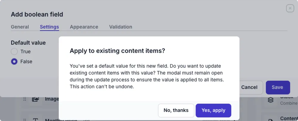 boolean confirmation modal