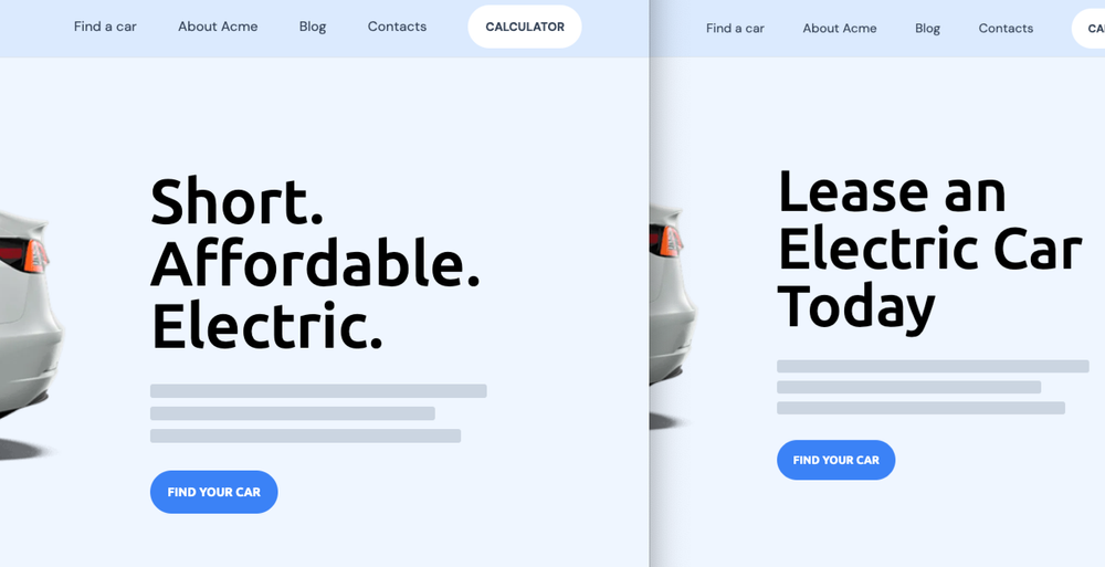A/B test on Acme Lease Electric lease landing page
