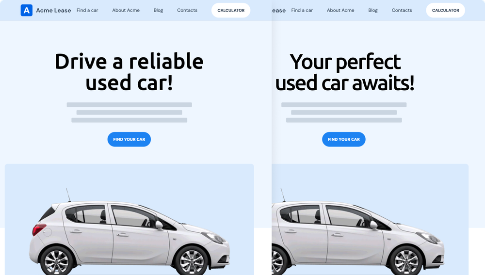 A/B test on Acme Lease Occasion lease landing page