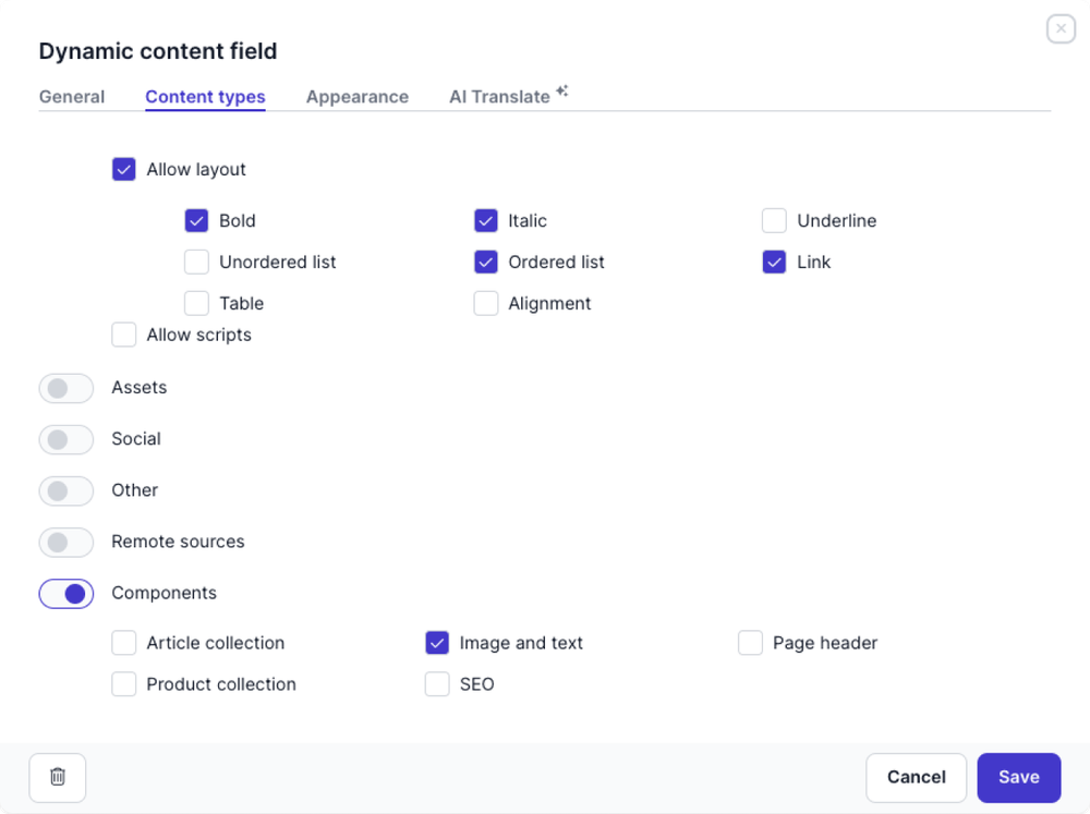 dynamic content - enable components