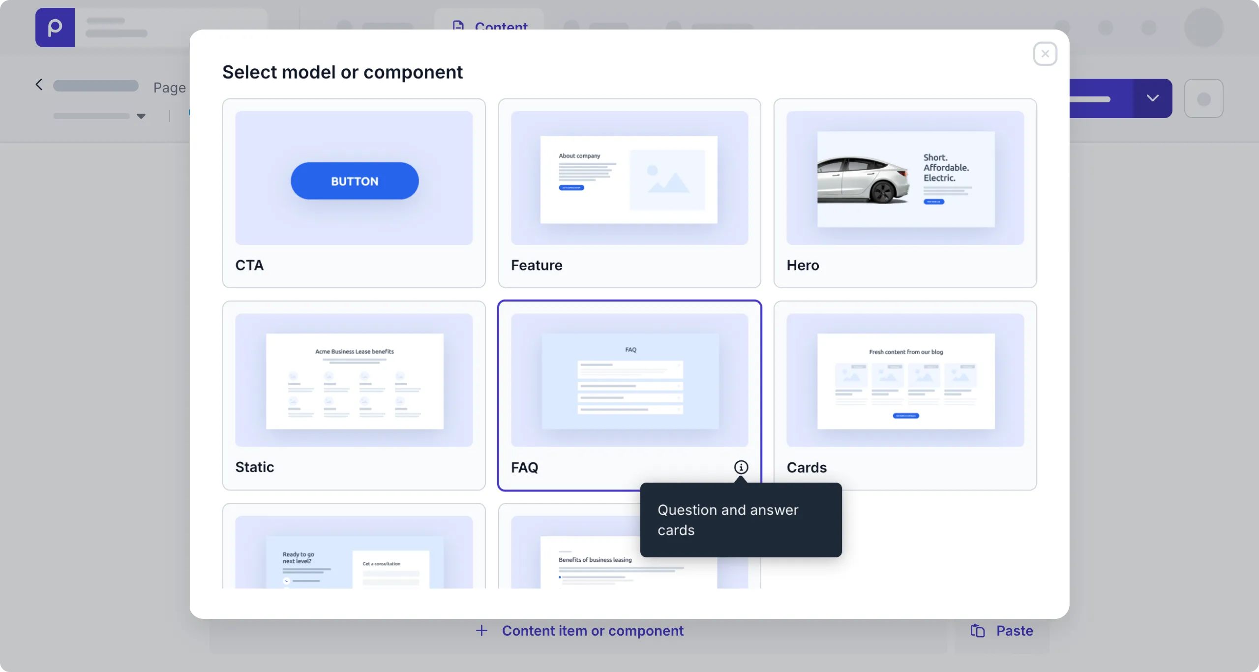popup search for content item or component