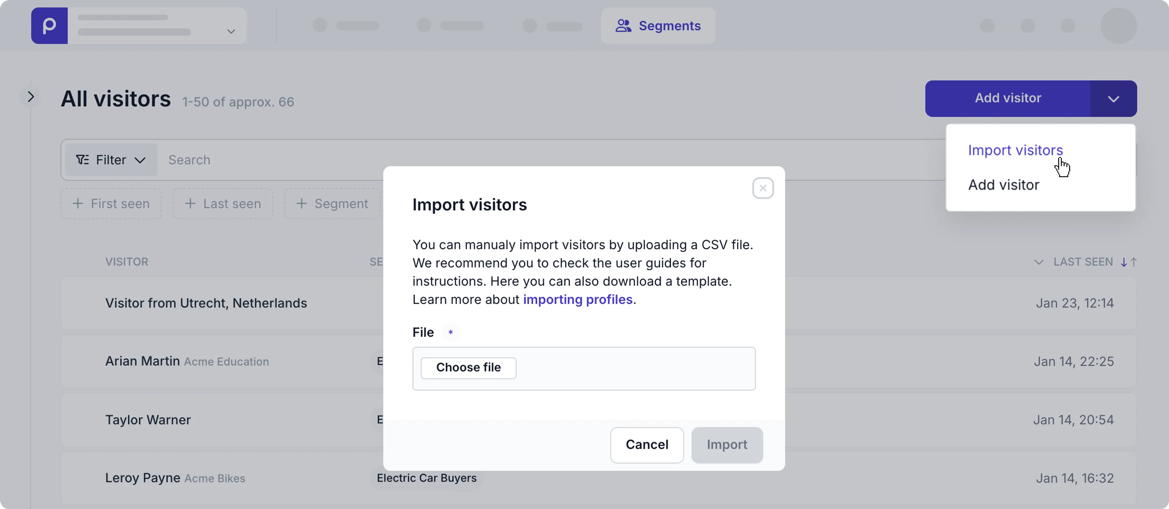 import visitors modal