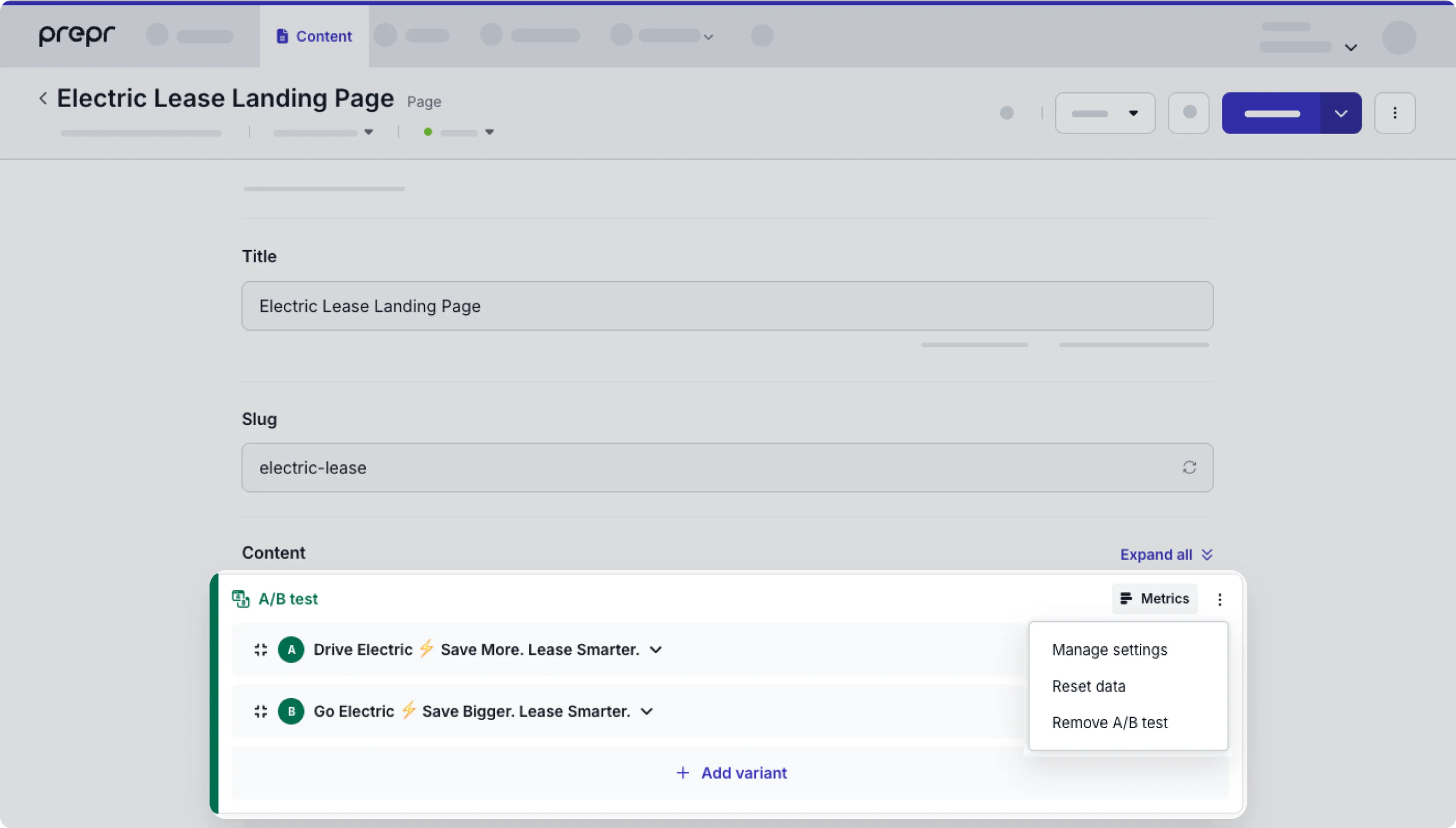 change A/B test options