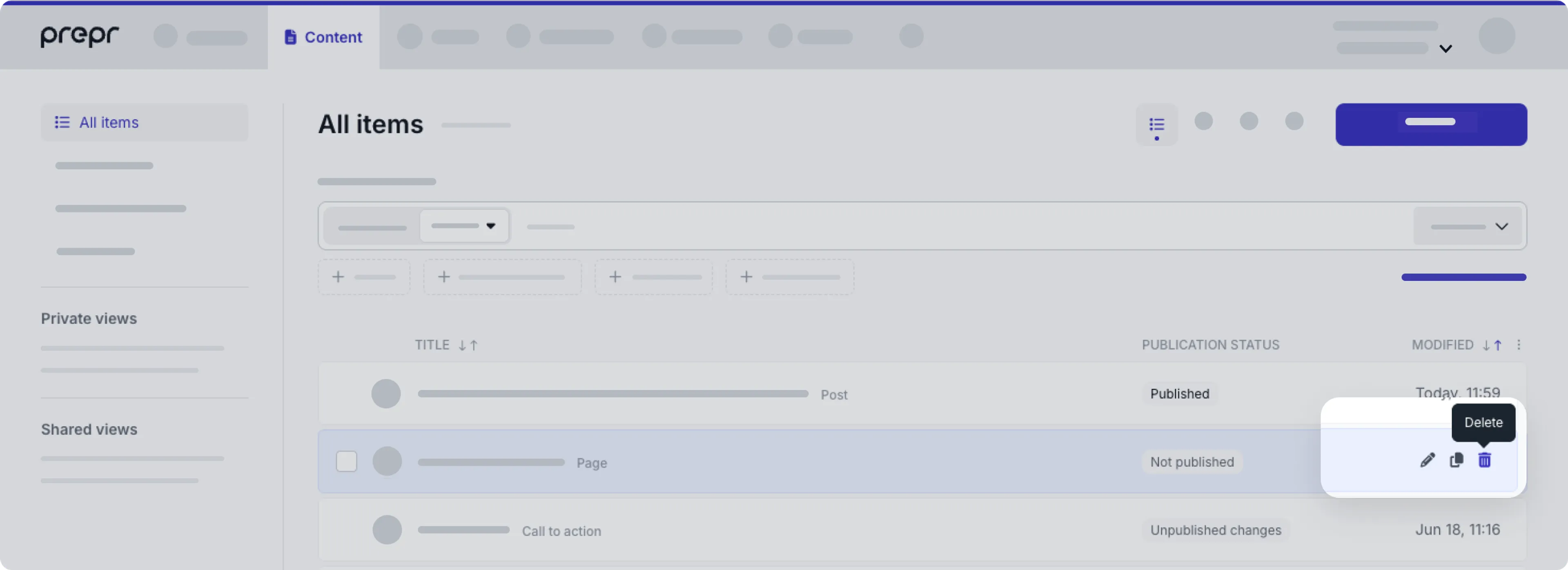 Hover Delete from content item list