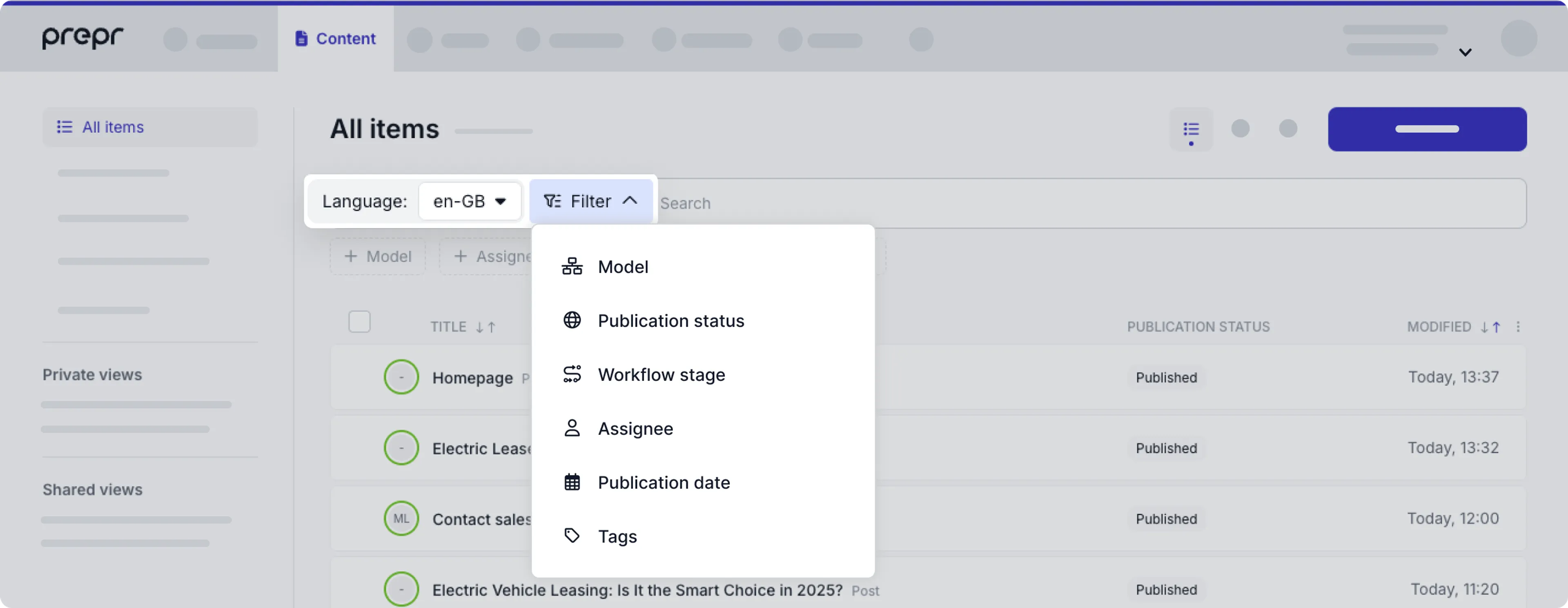 content item filters