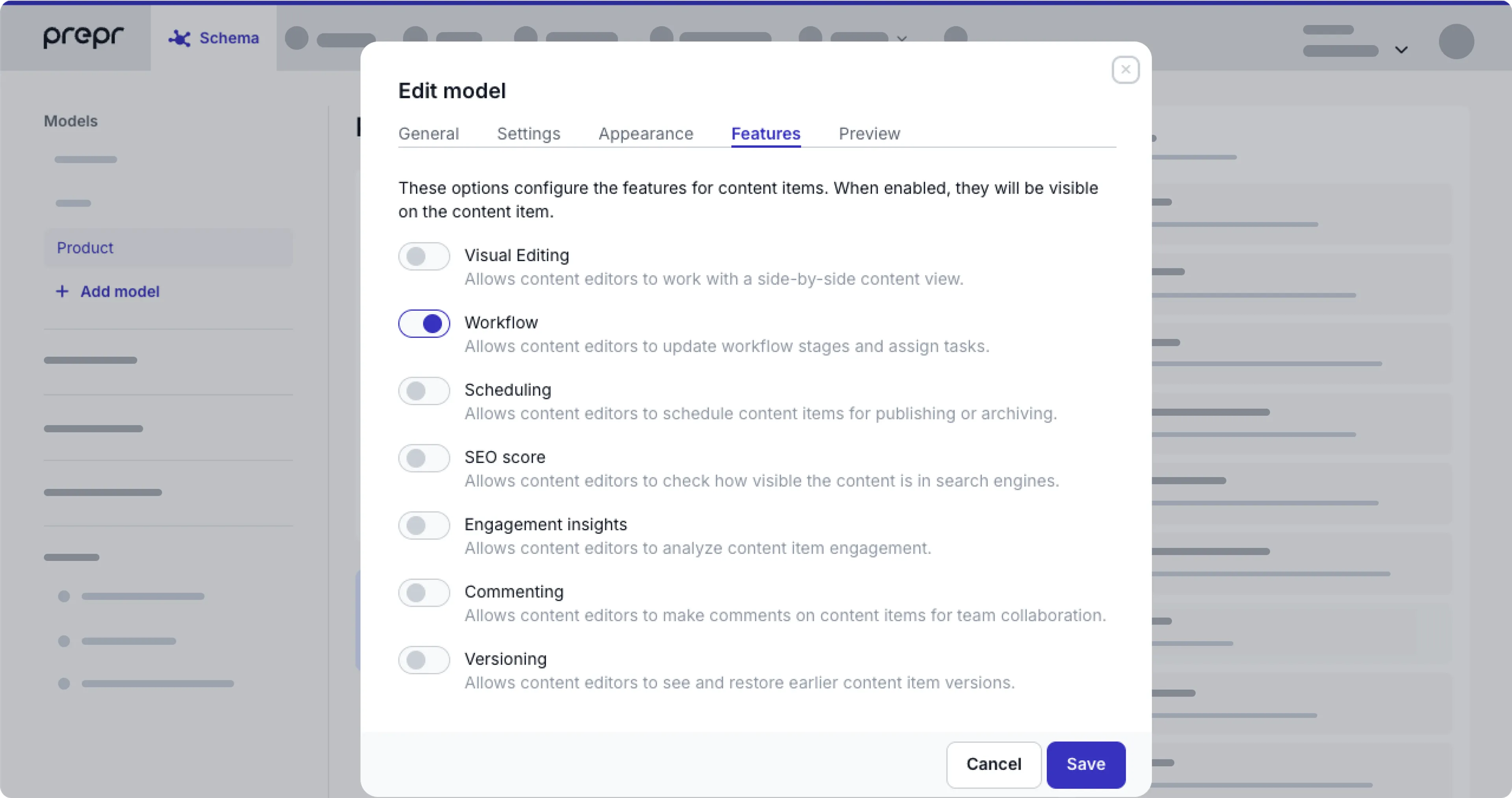 Model feature settings