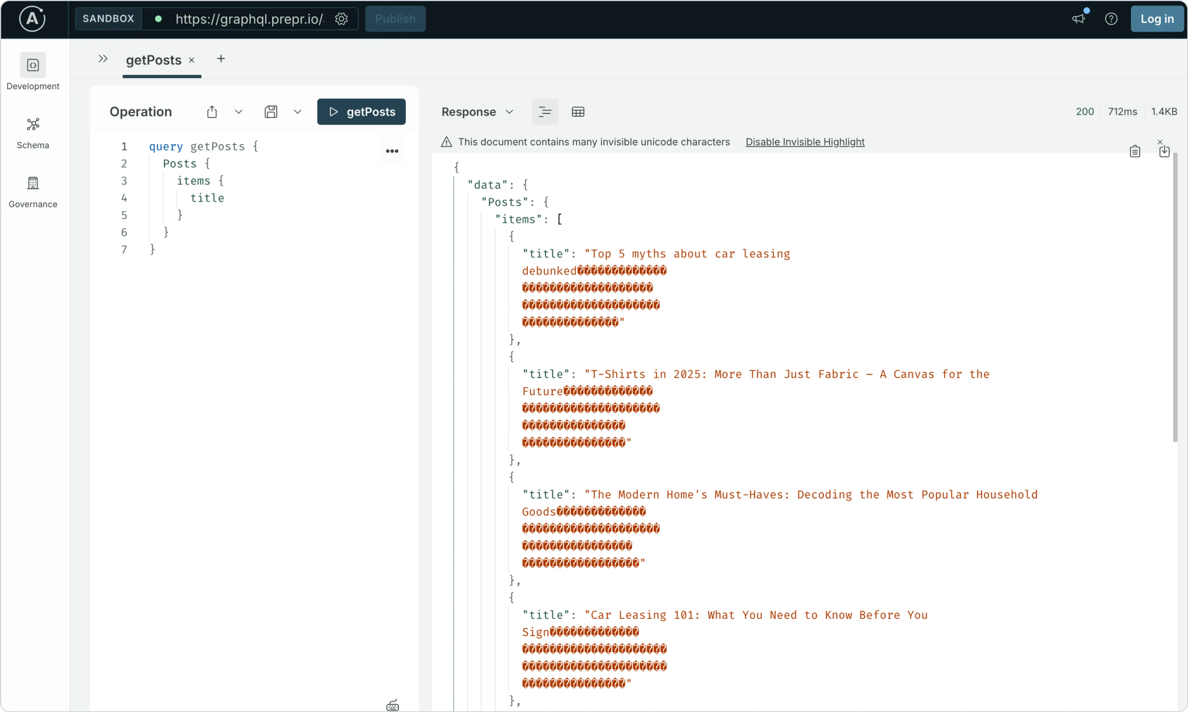 example query response with unicode characters