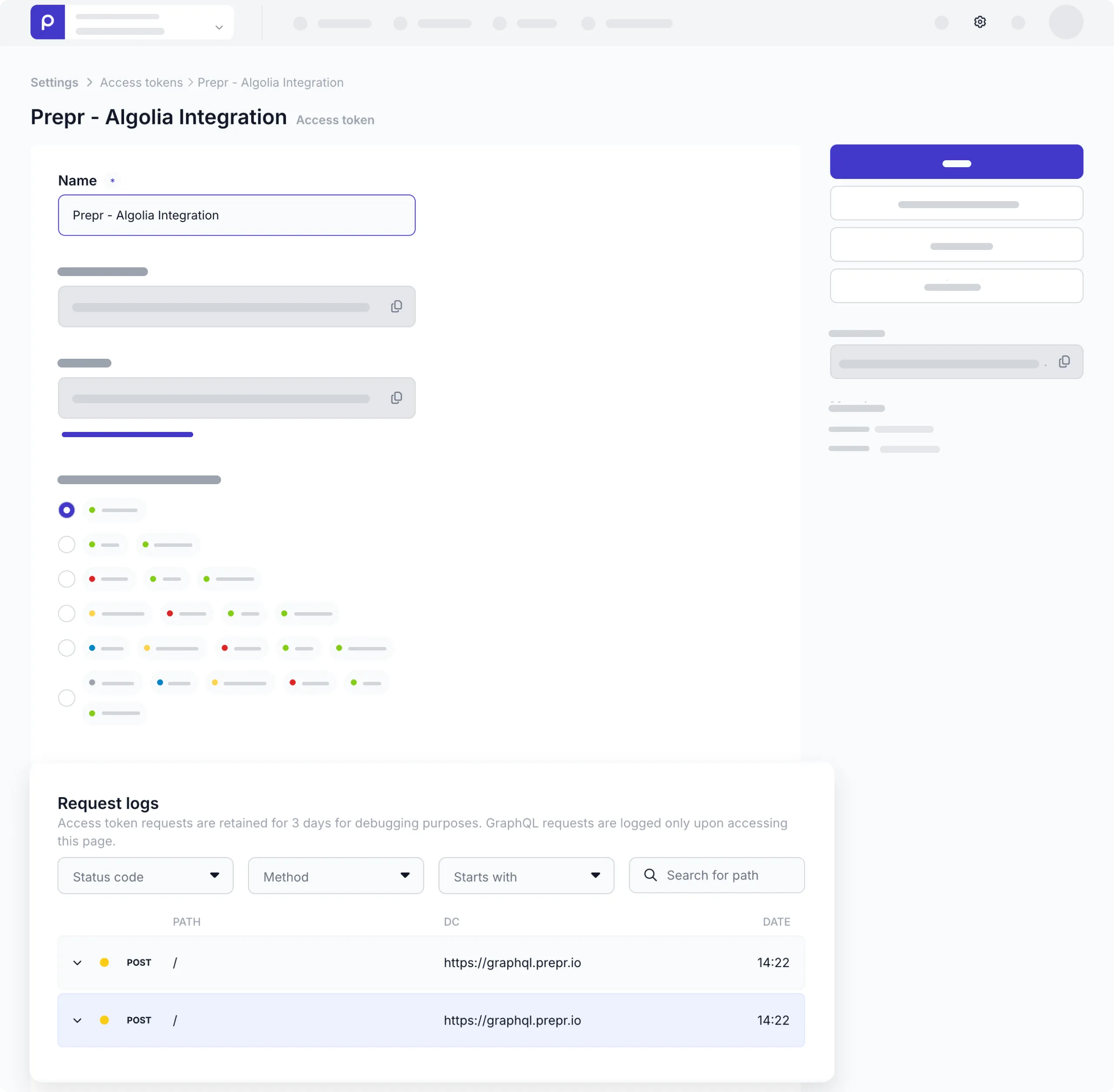 Algolia access token - request logs