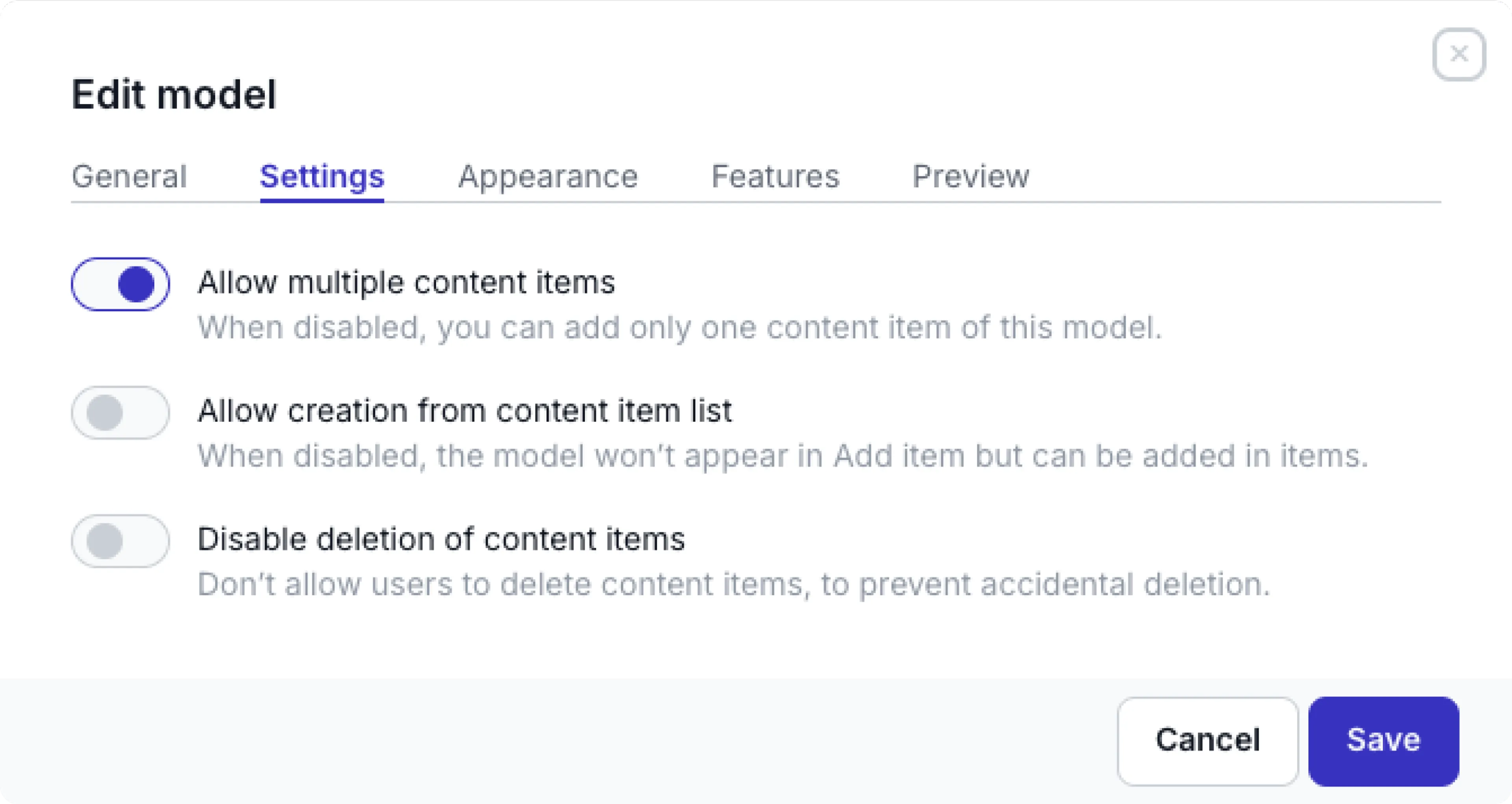 Model settings tab