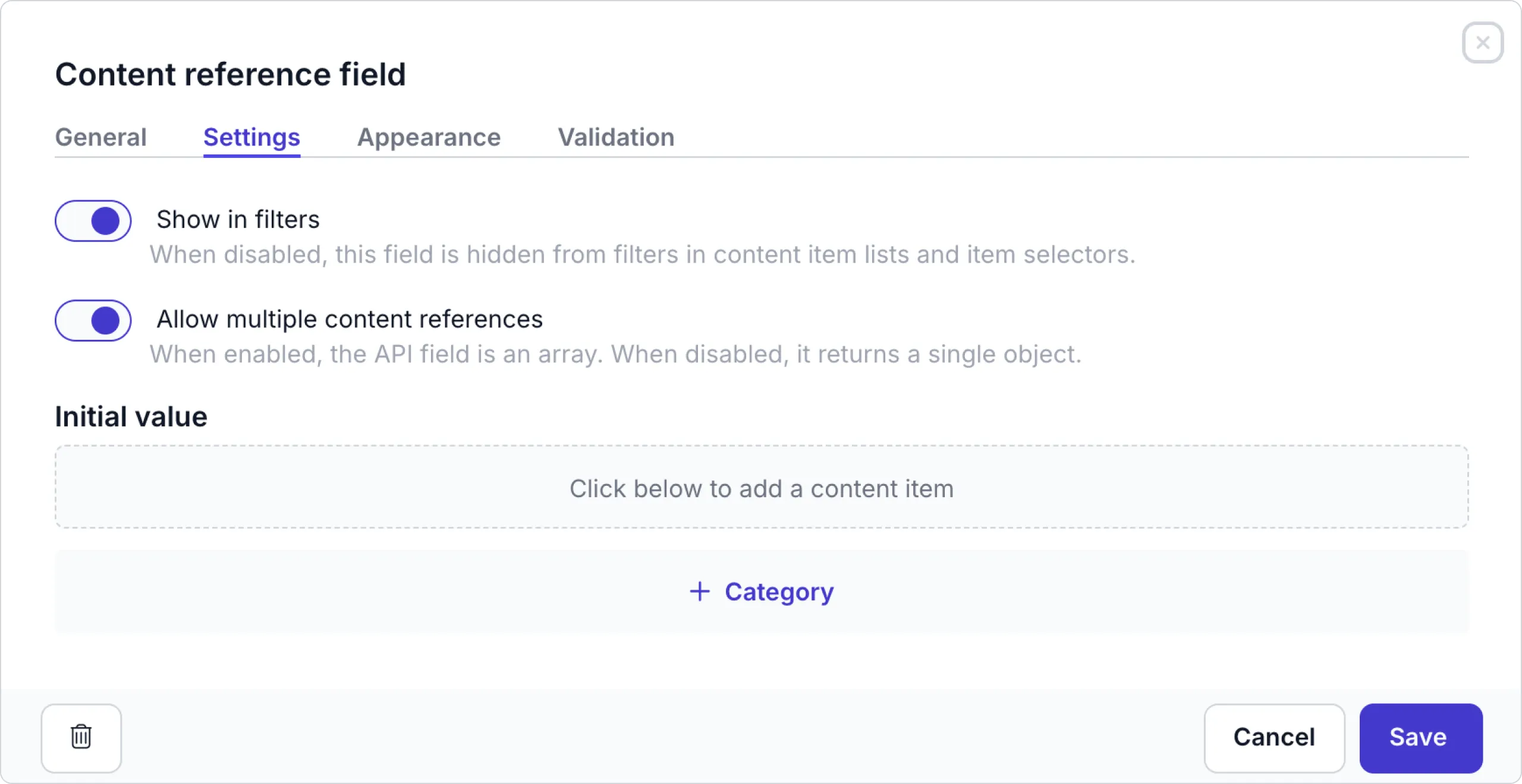content reference settings