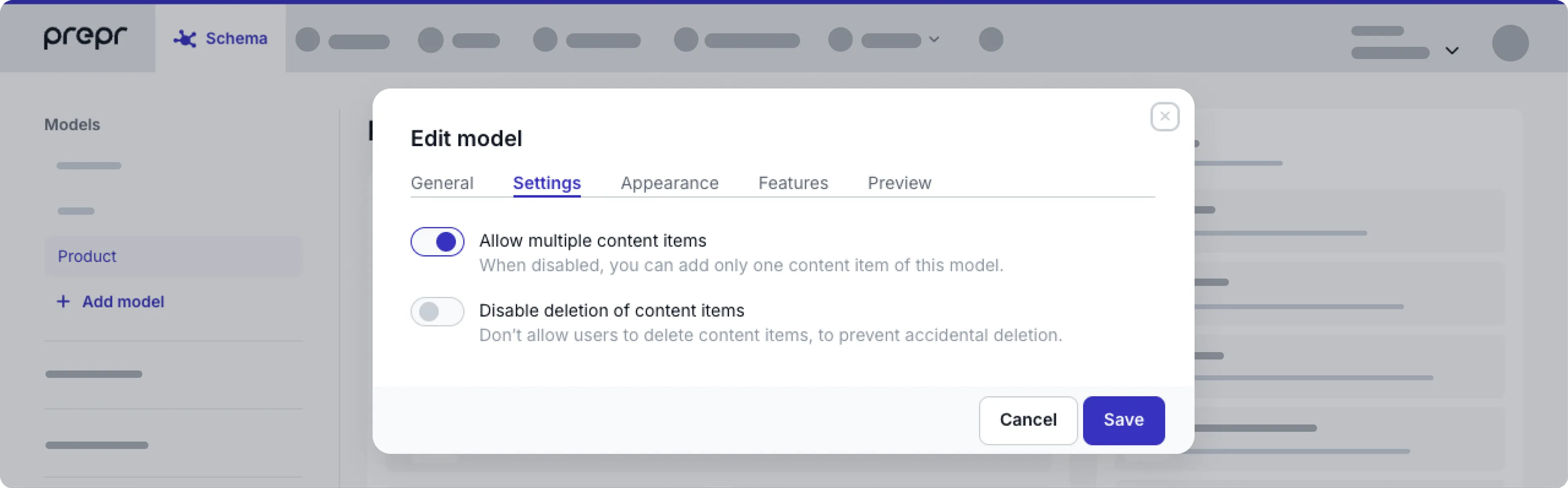 Model settings tab
