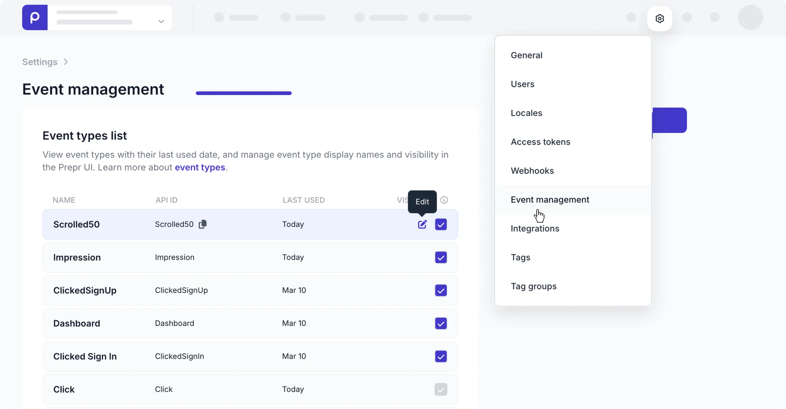 custom event type settings edit