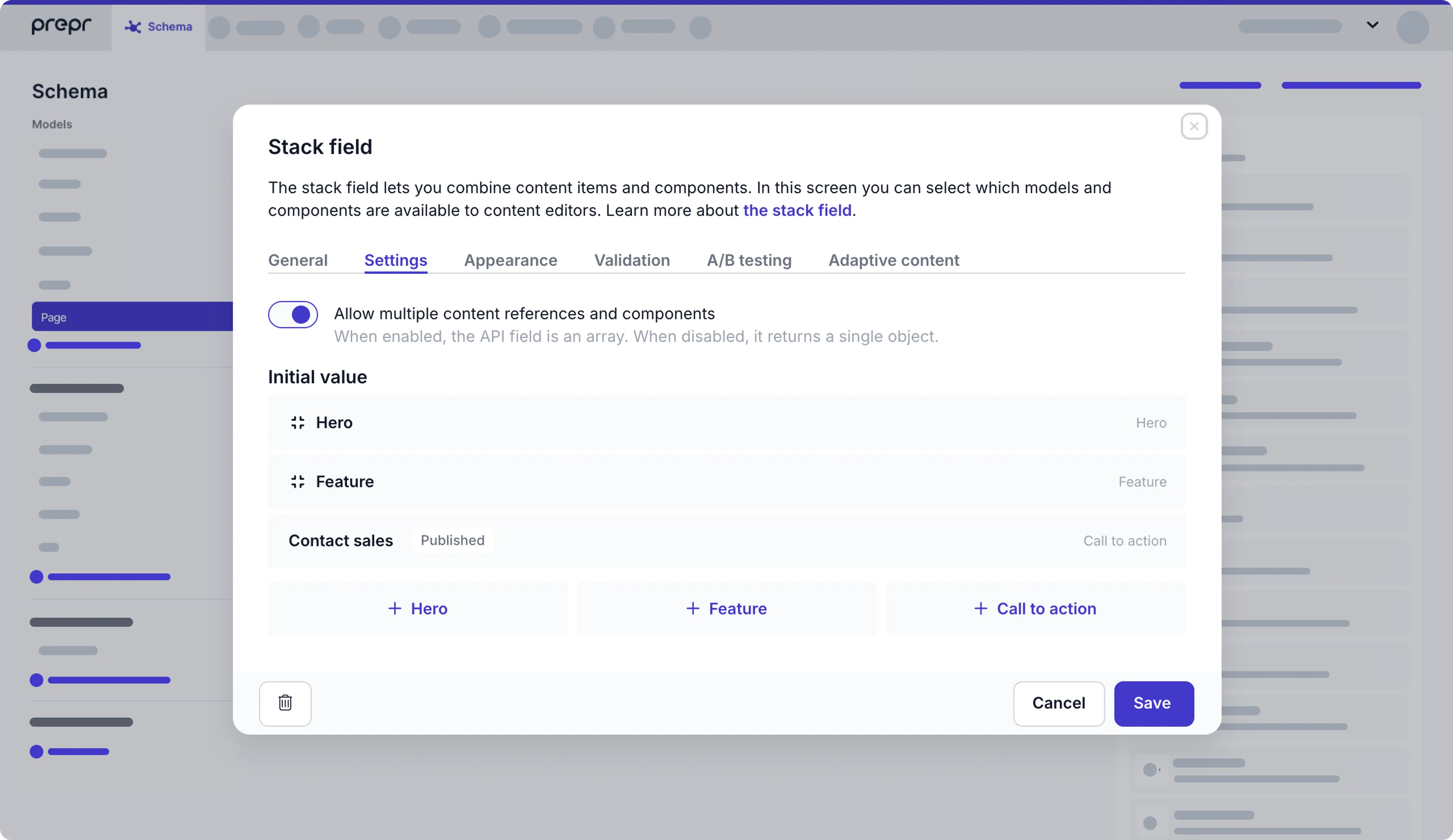 stack field settings