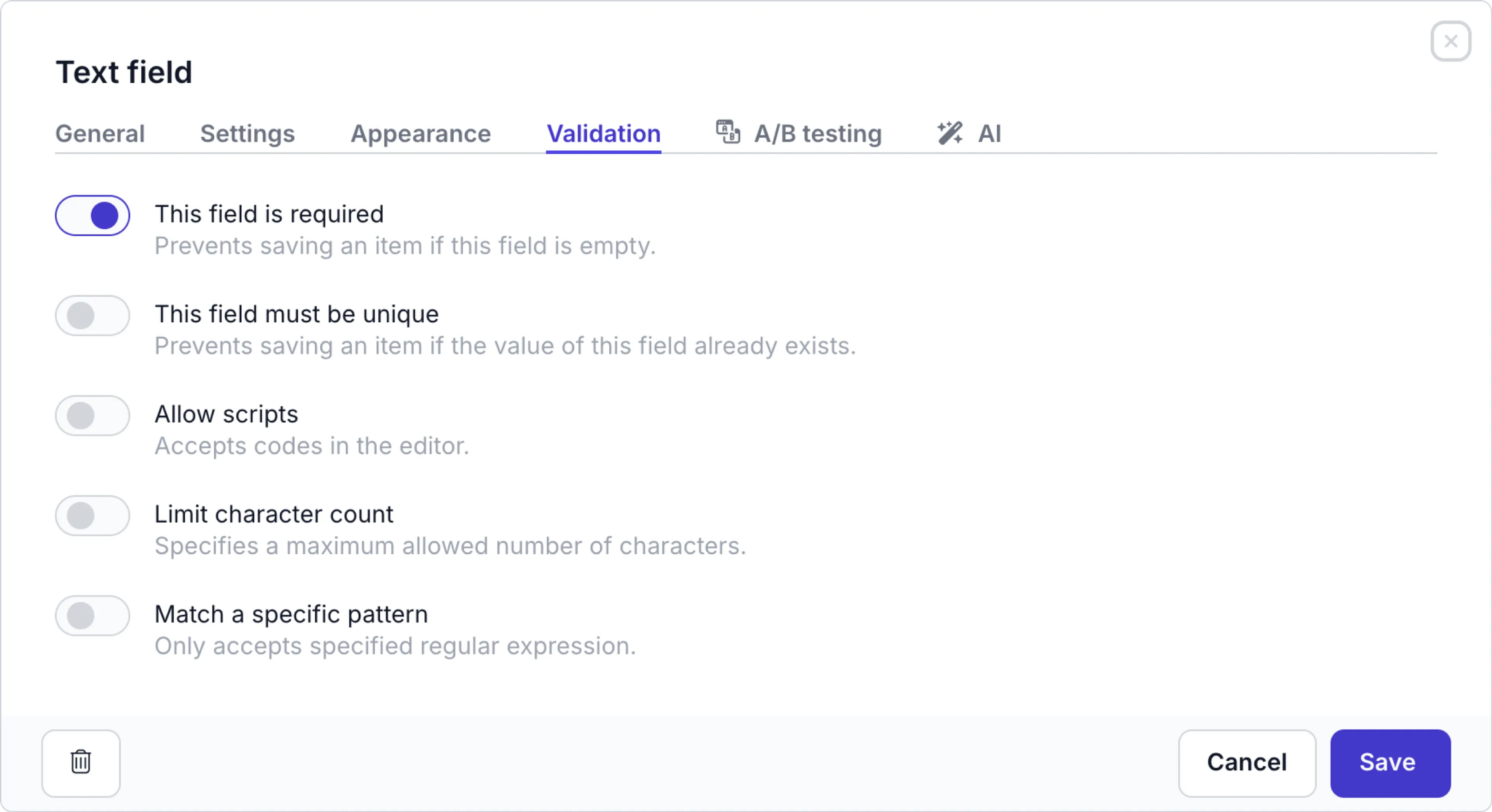 Text field validation settings