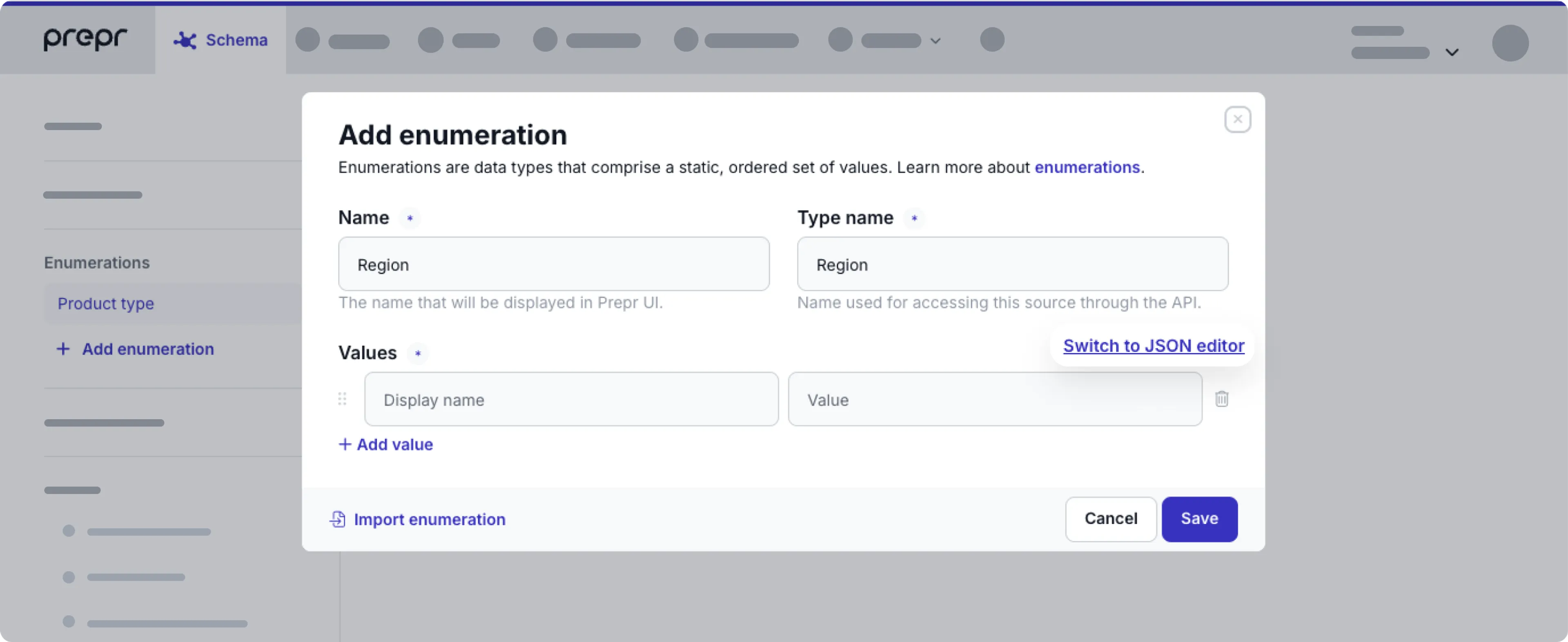 Enumeration JSON editor