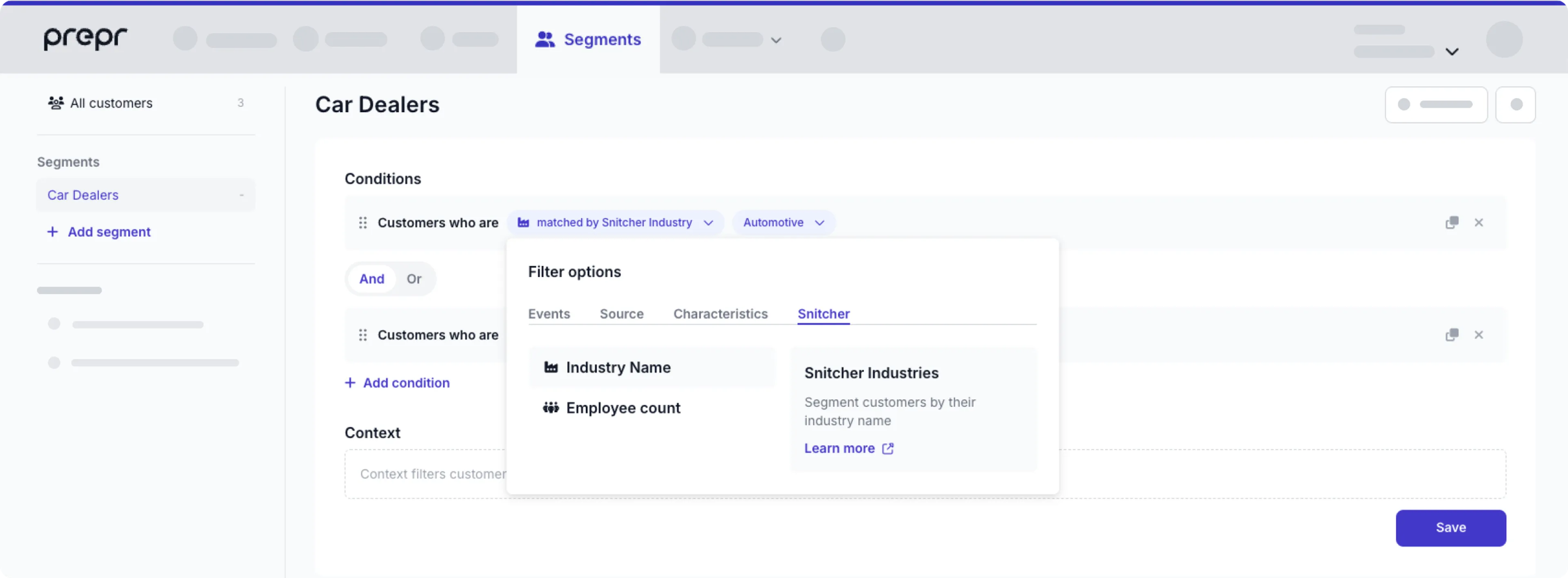 Snitcher filter options