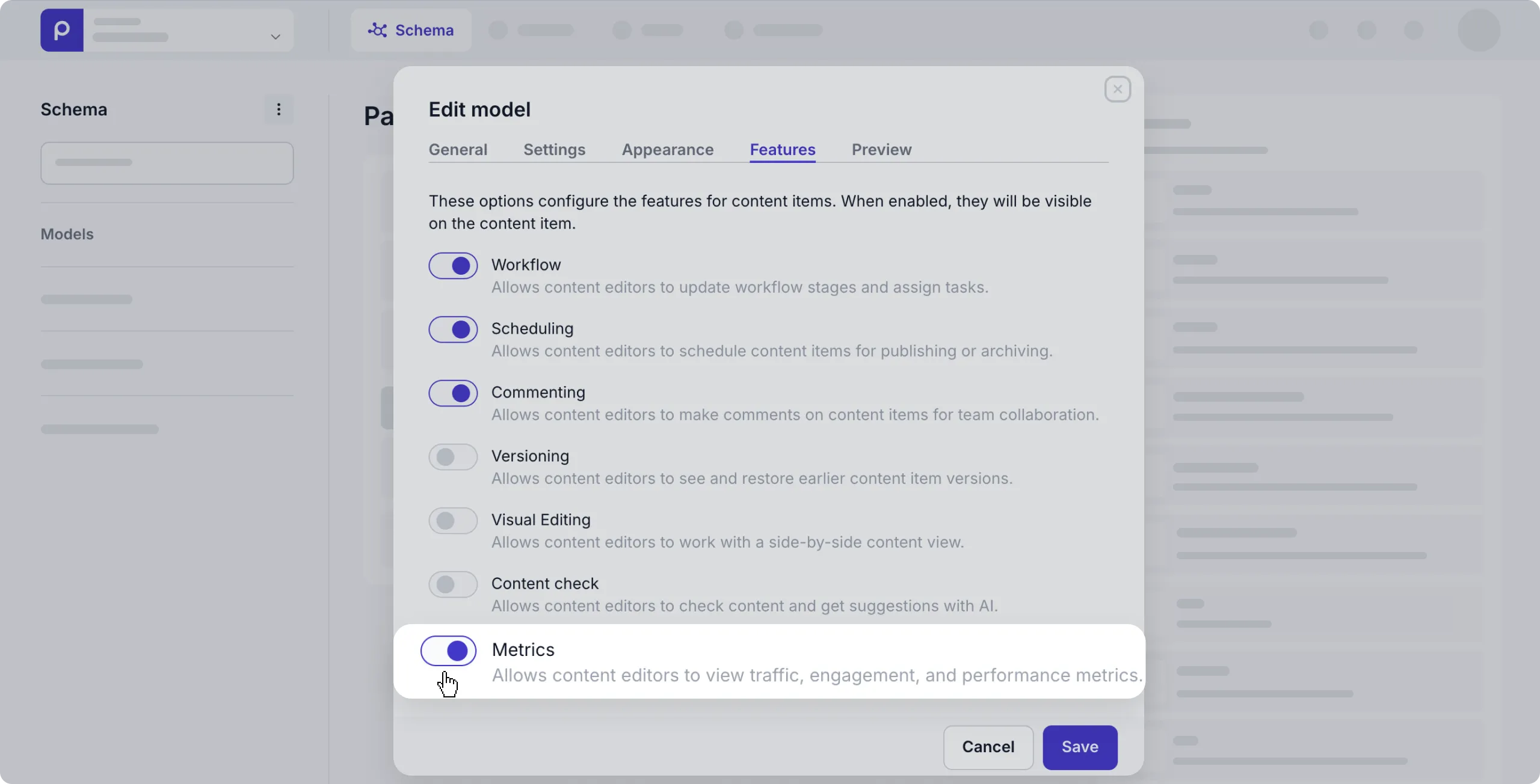 Model metrics setting