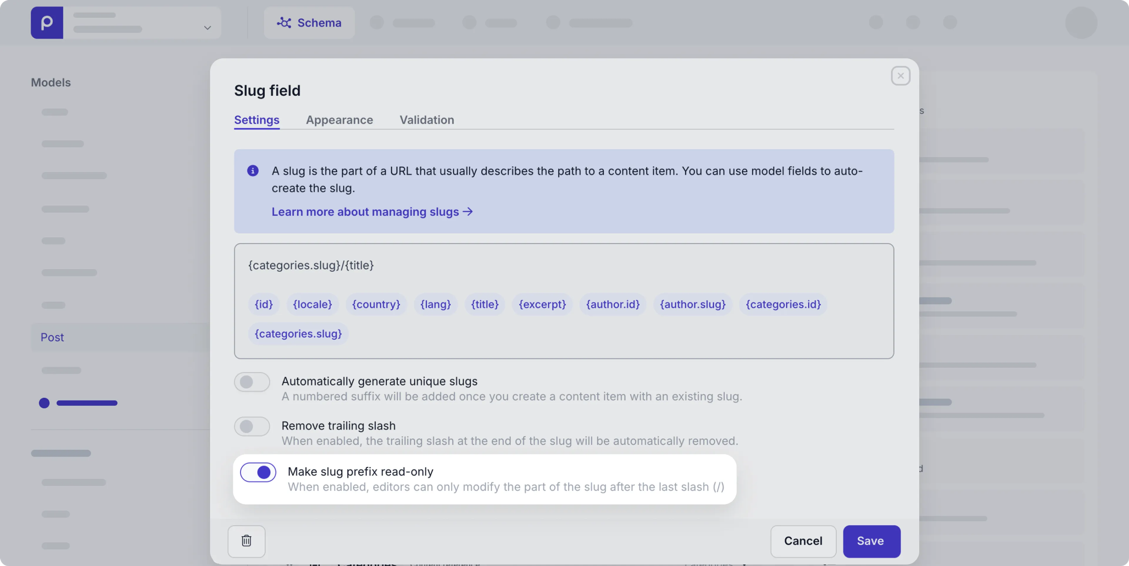 new read-only slug prefix option