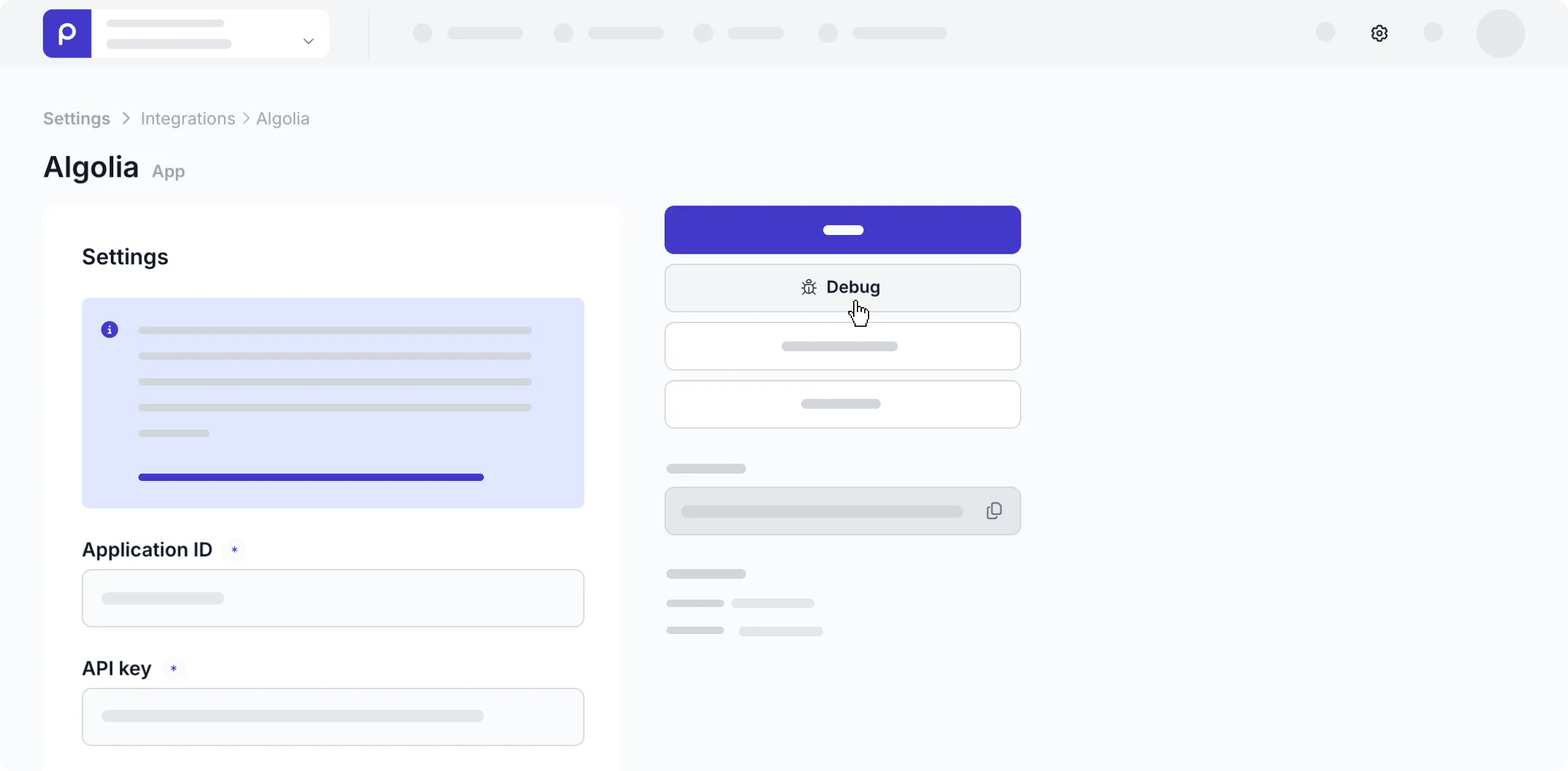 Algolia integration debug button