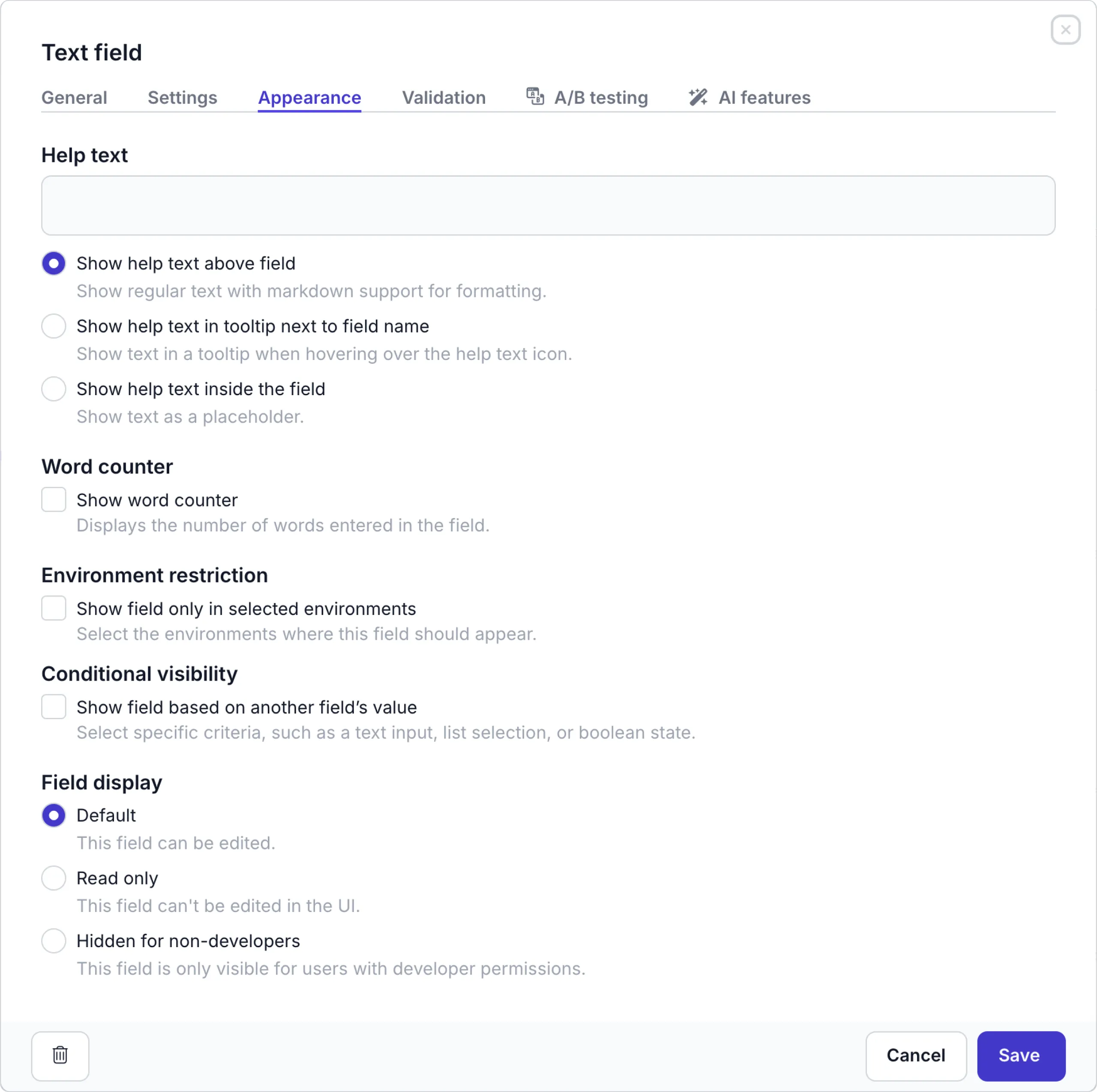 Text field appearance settings