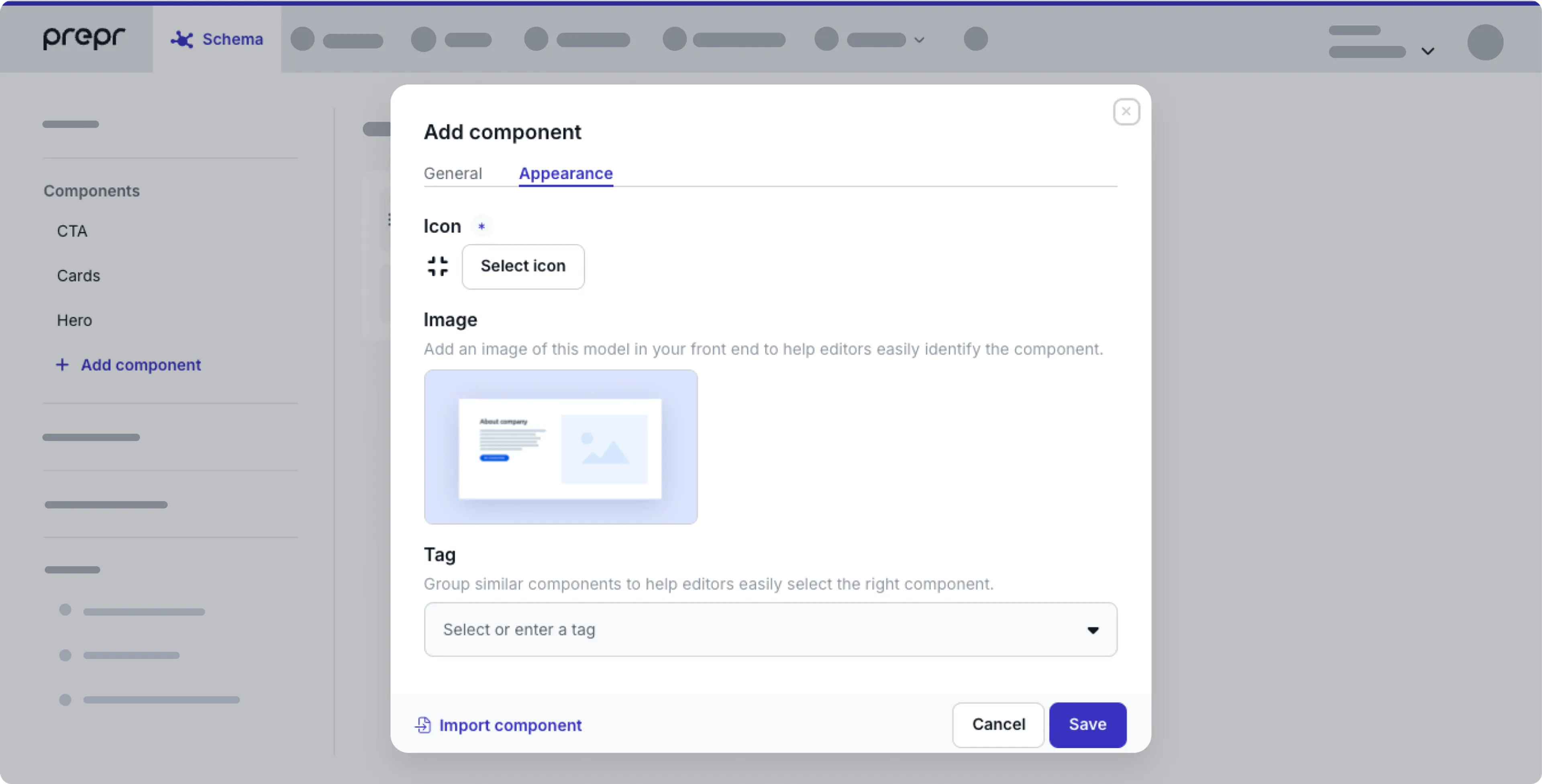 Component settings - Appearance tab