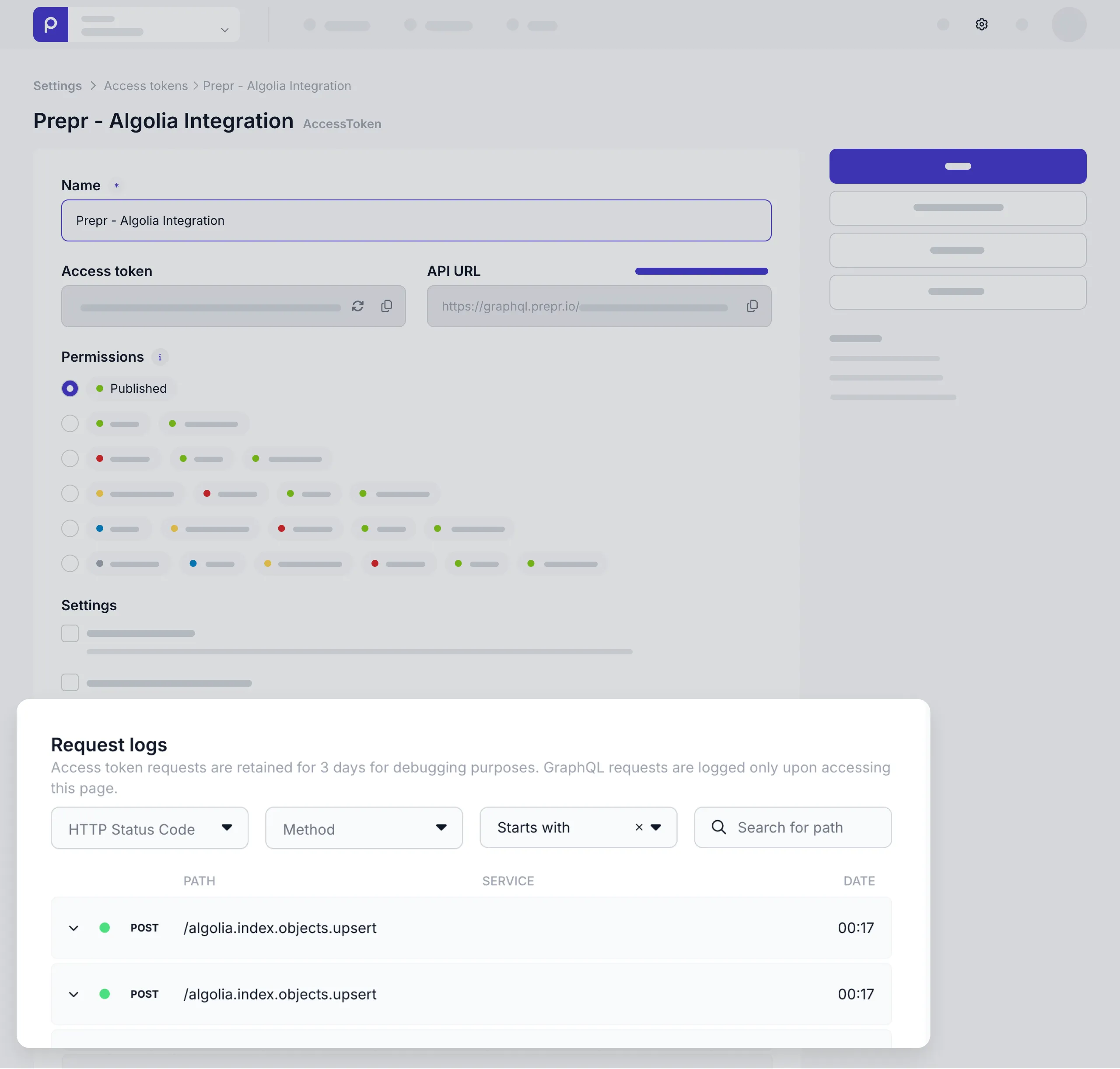 Algolia access token - request logs