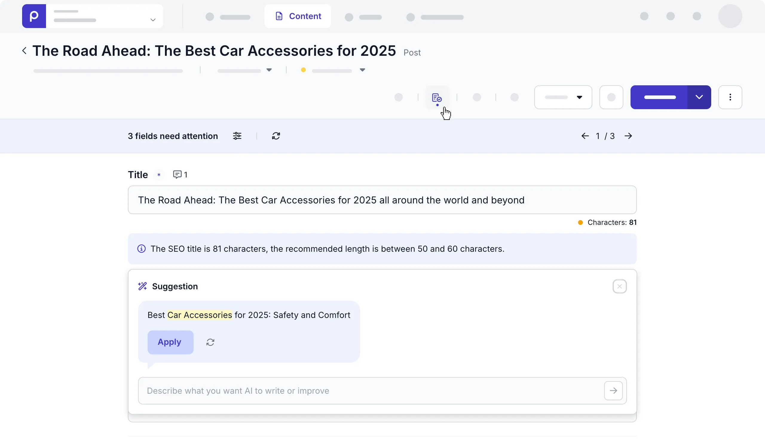 Example content check results with SEO values