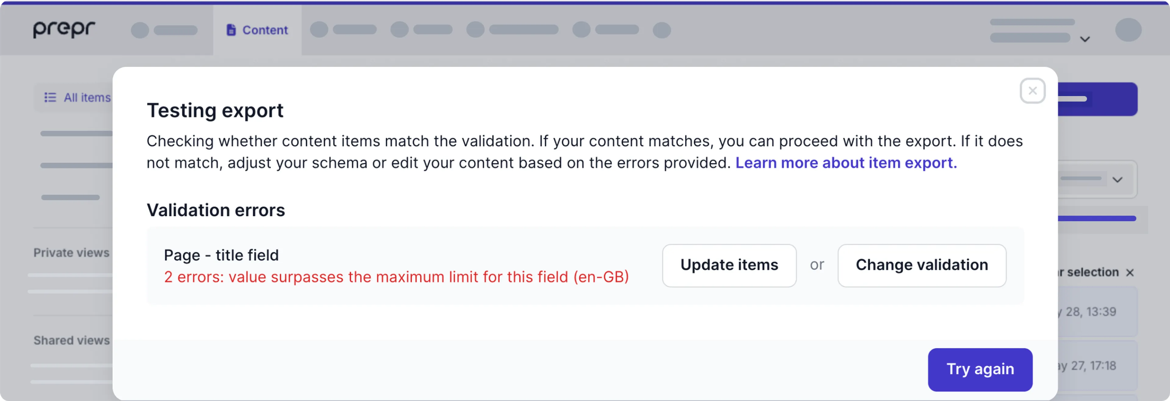 Test export errors