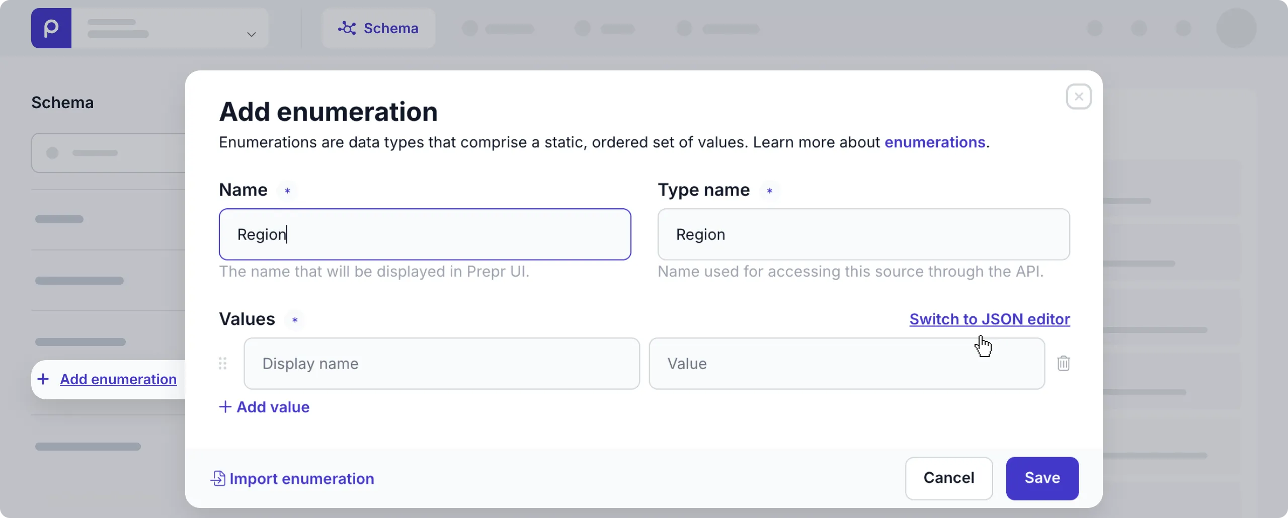 Enumeration JSON editor