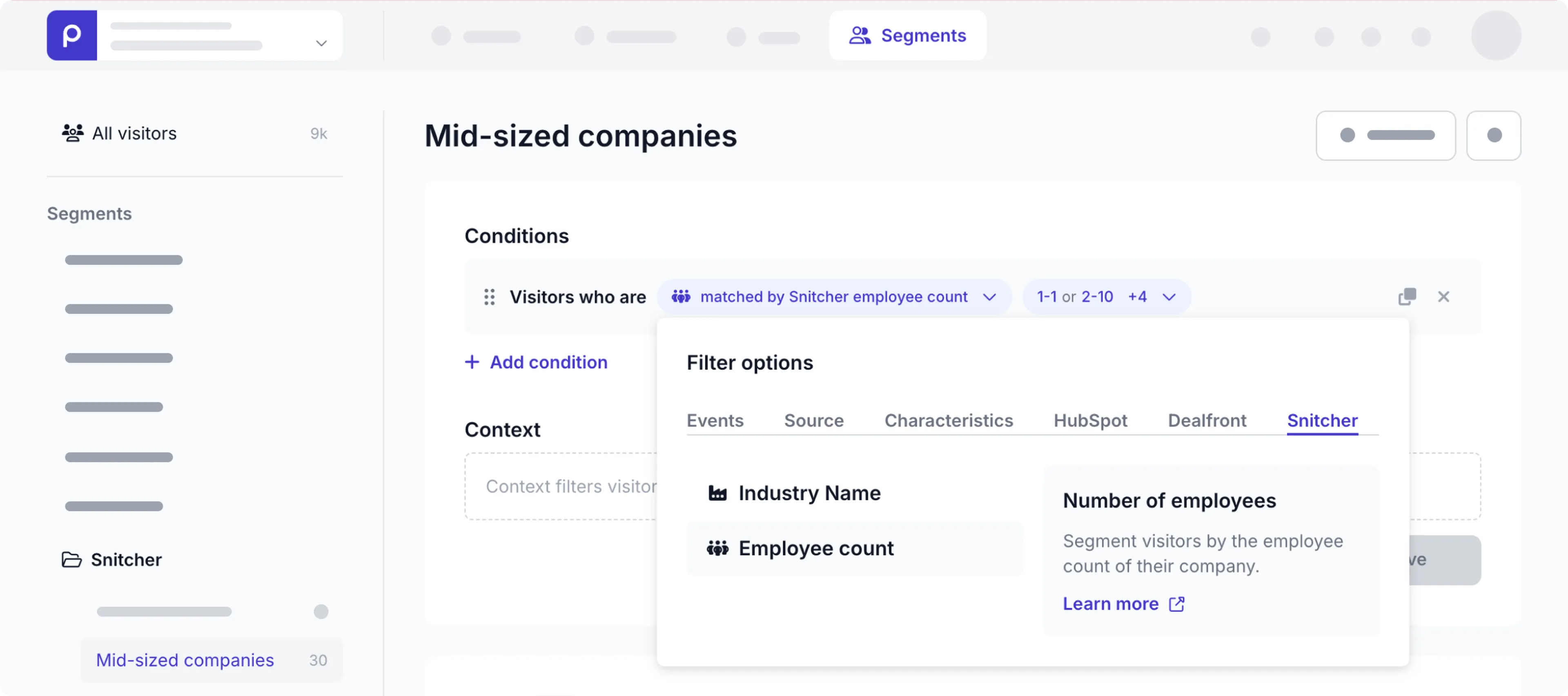 Snitcher filter options