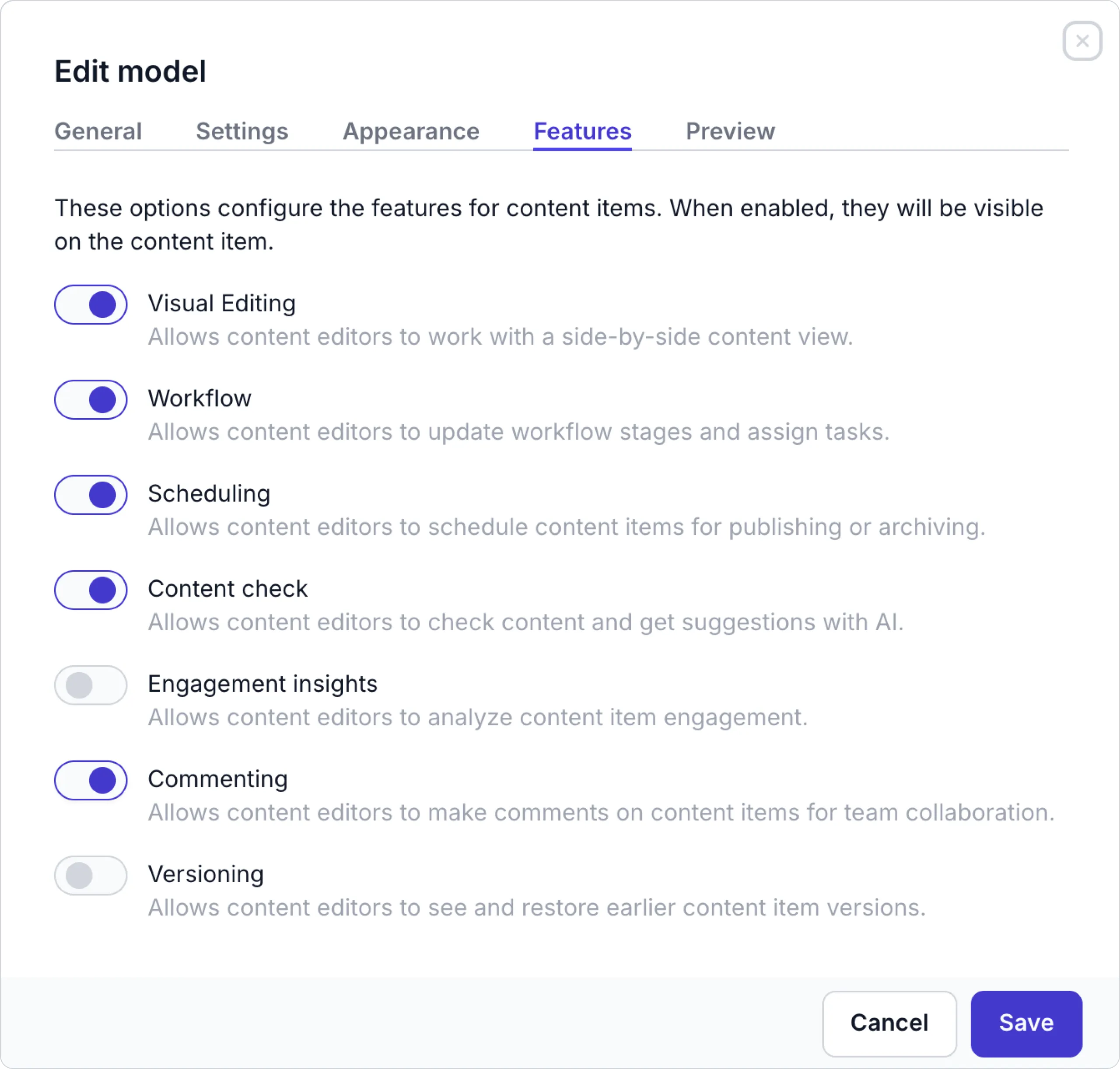 Model feature settings