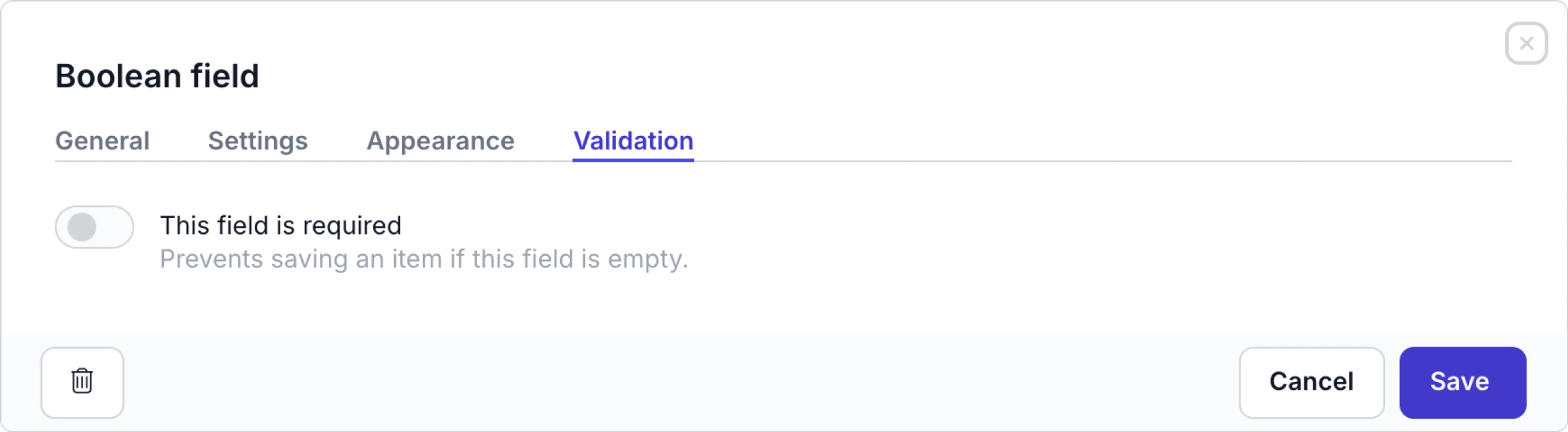 Basic validation setting - Boolean example