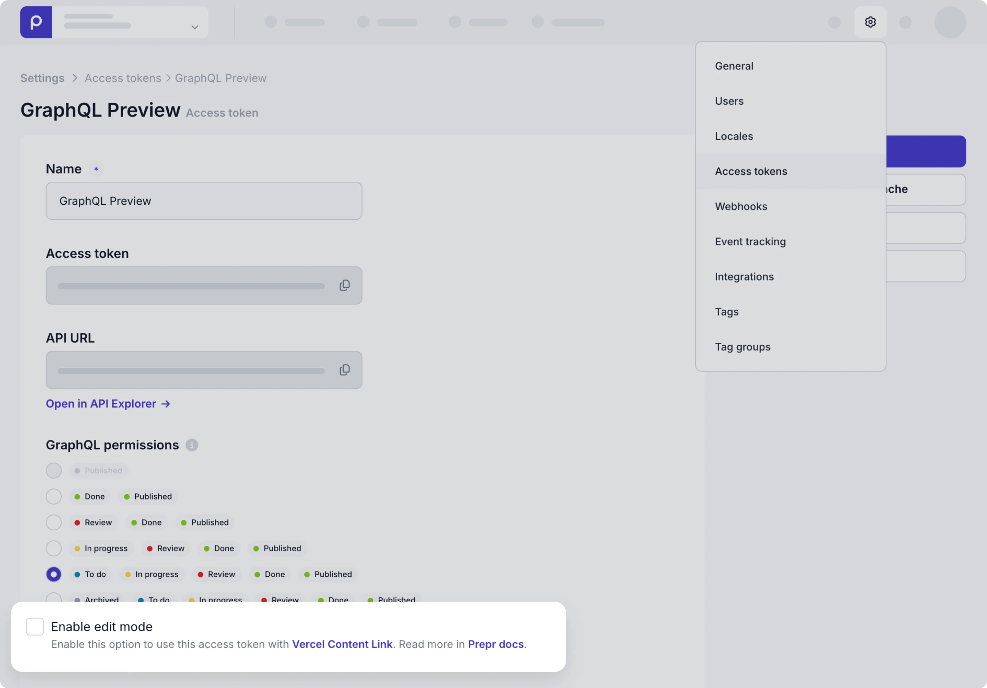 Preview access token - enable edit mode