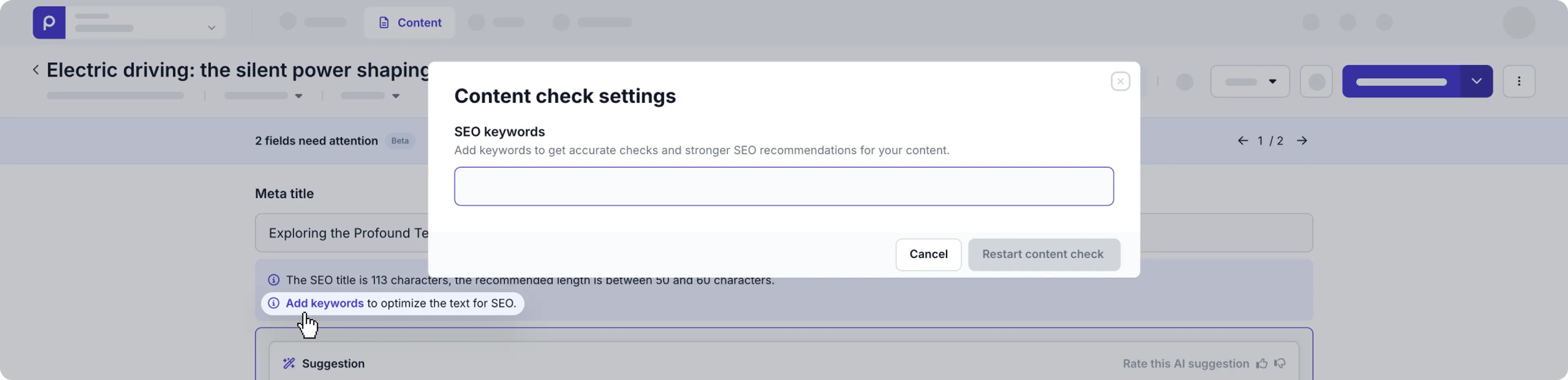 example content check - add keywords dialog box