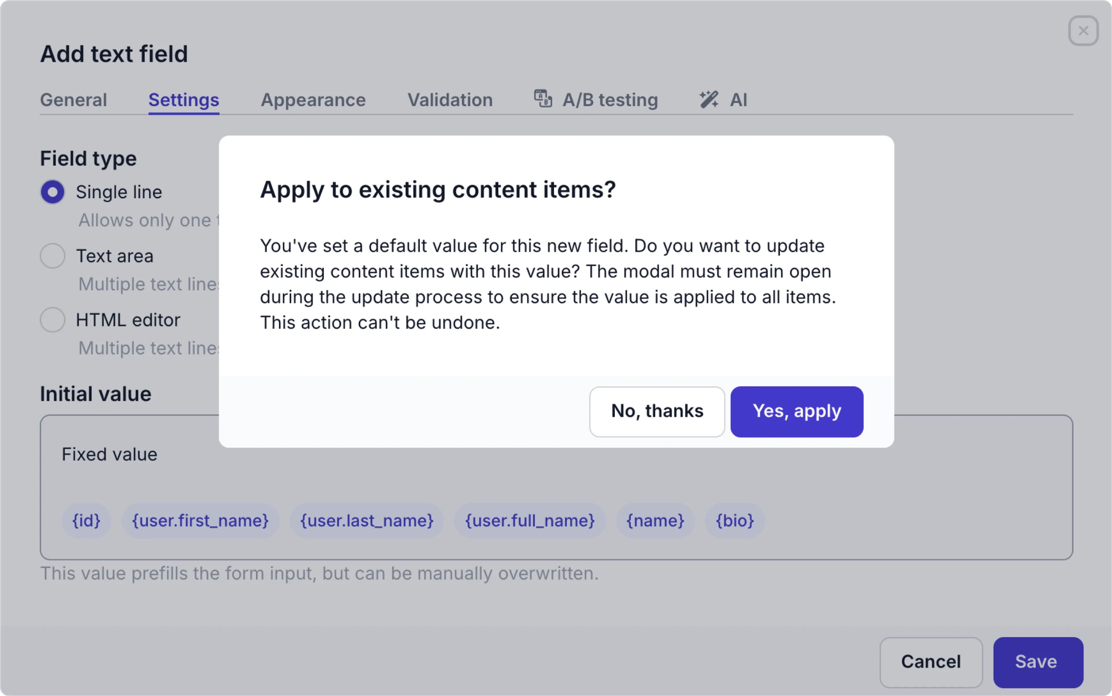 Fixed initial value - confirmation modal