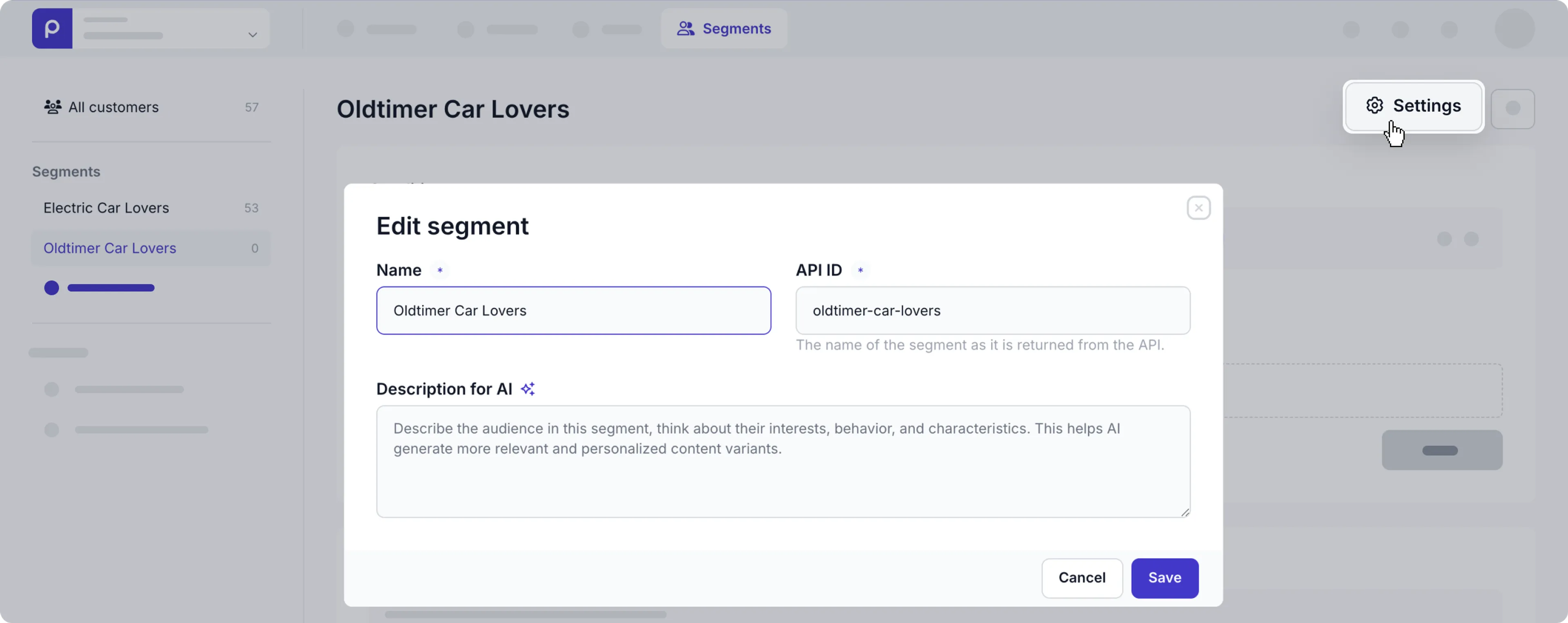 Segment settings - Description for AI