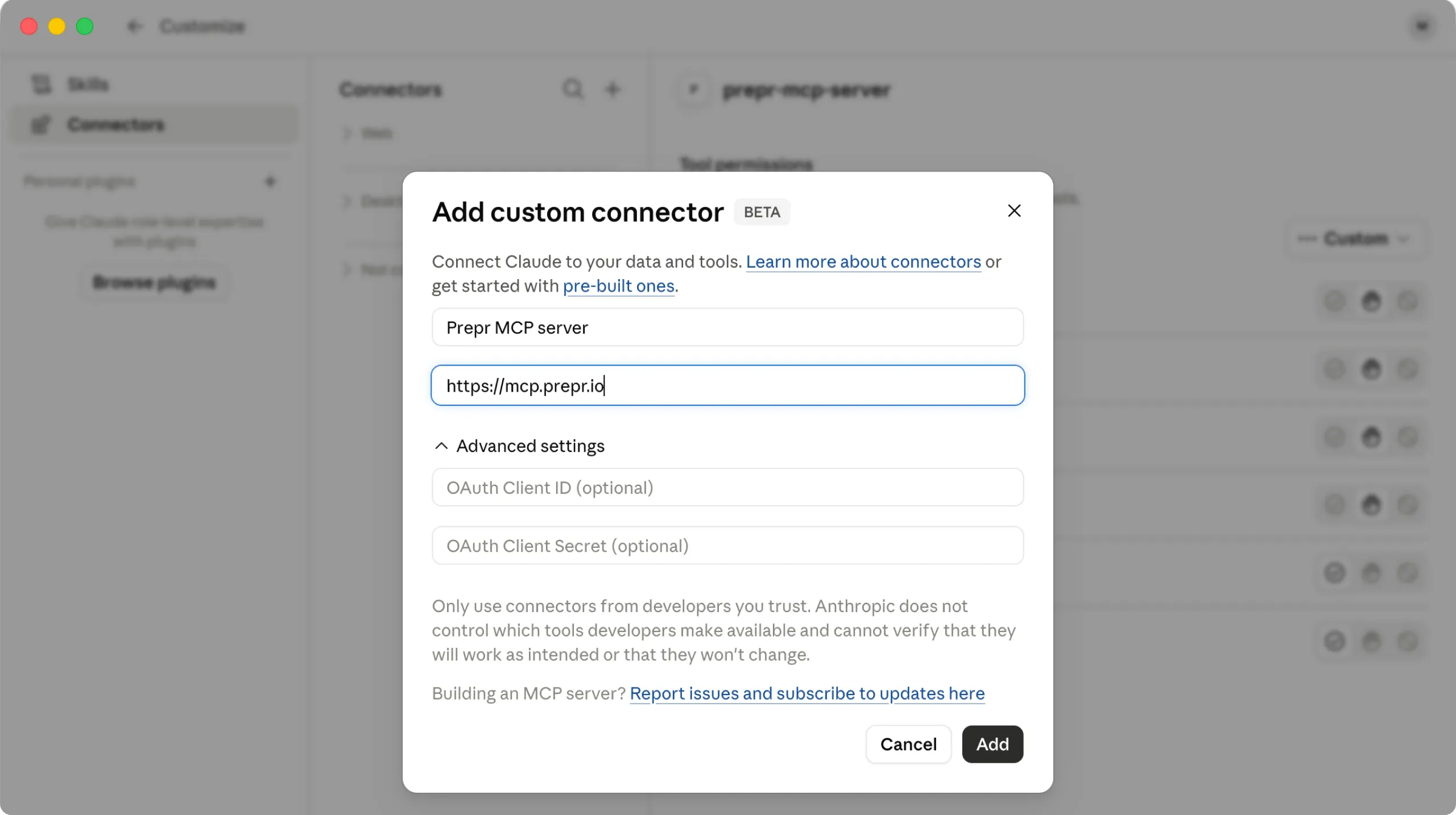 Example AI agent connection settings in Claude Desktop