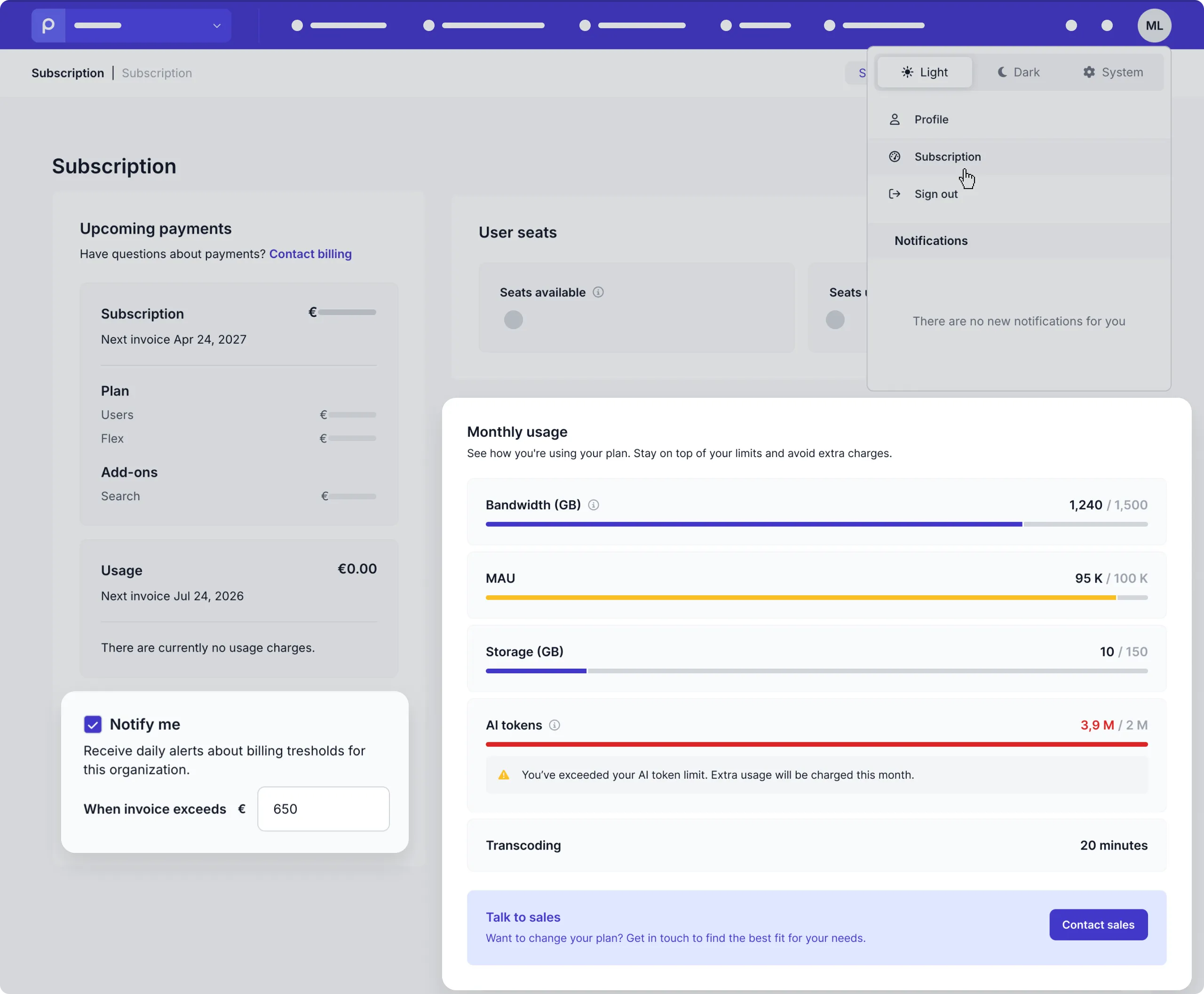 Example subscription page