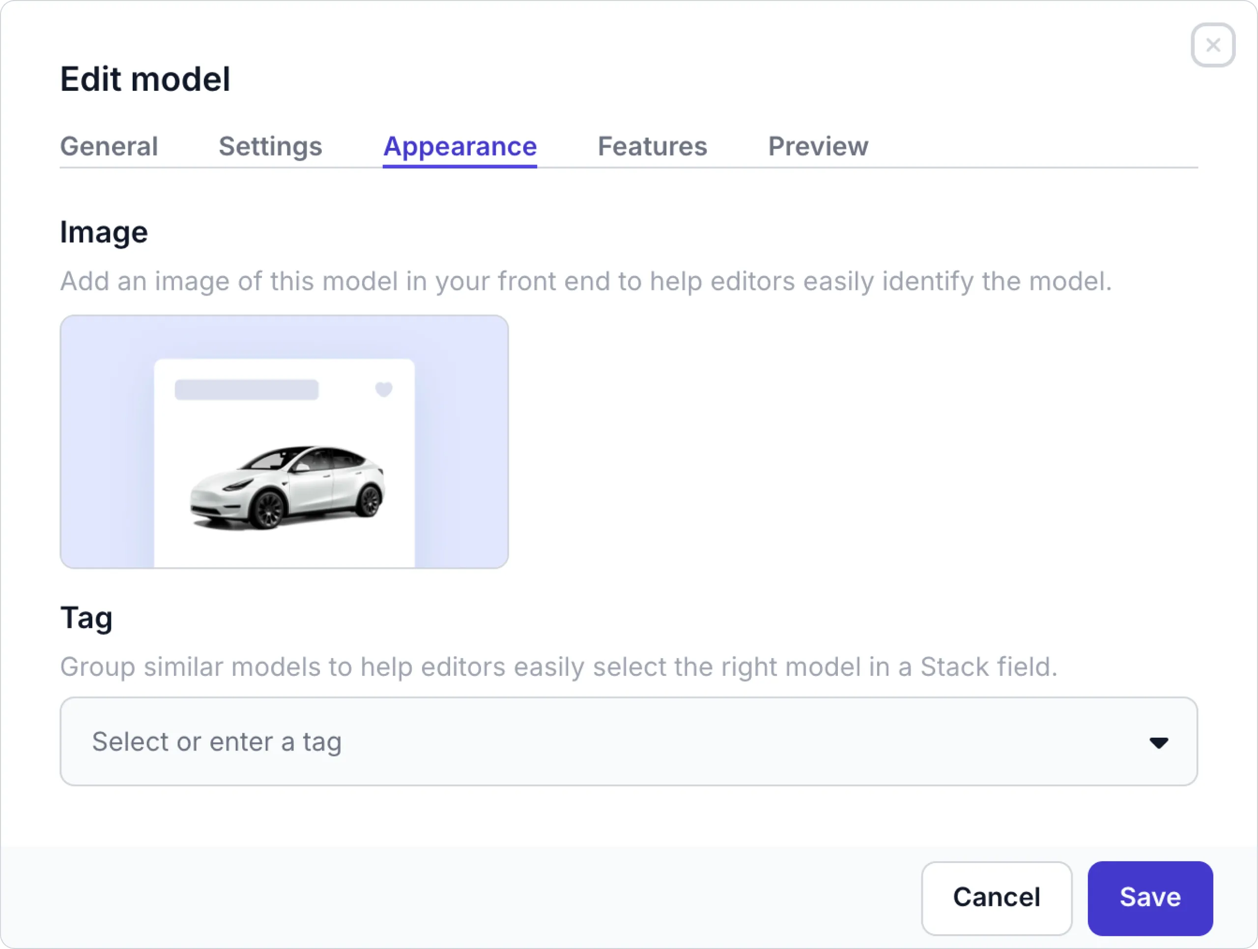 Model settings - Appearance tab