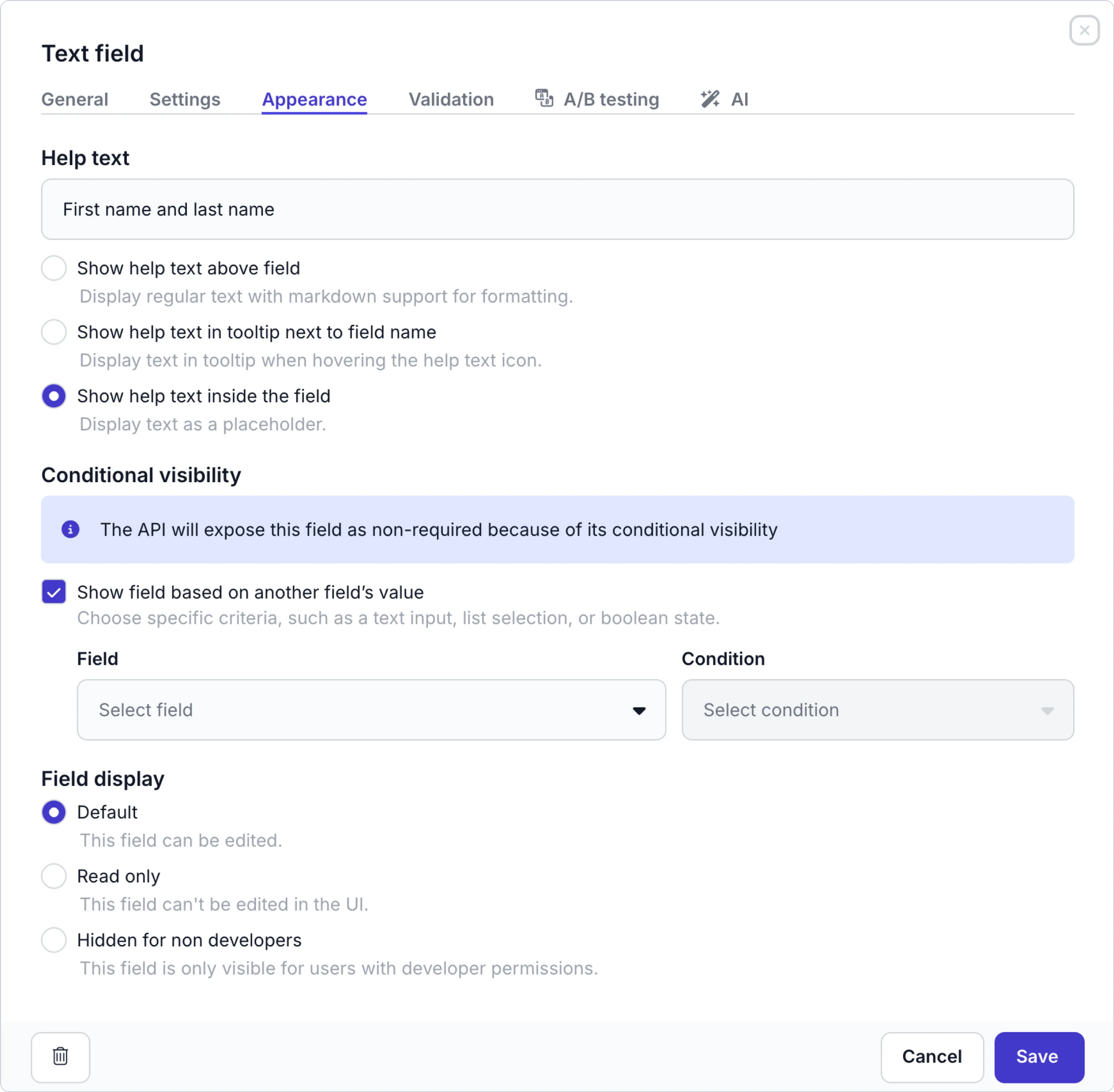 Text field appearance settings