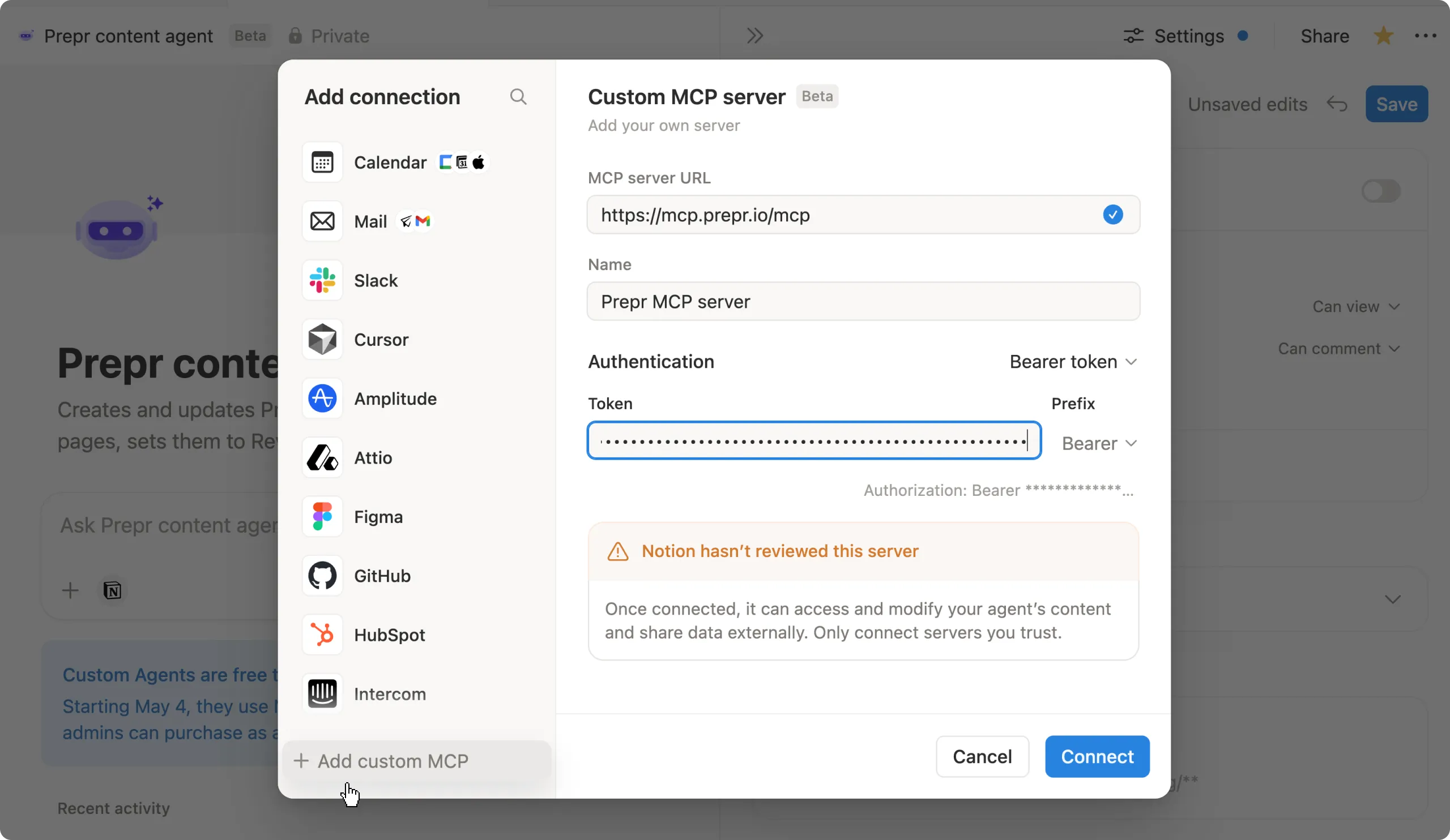 Example AI agent connection settings in Notion