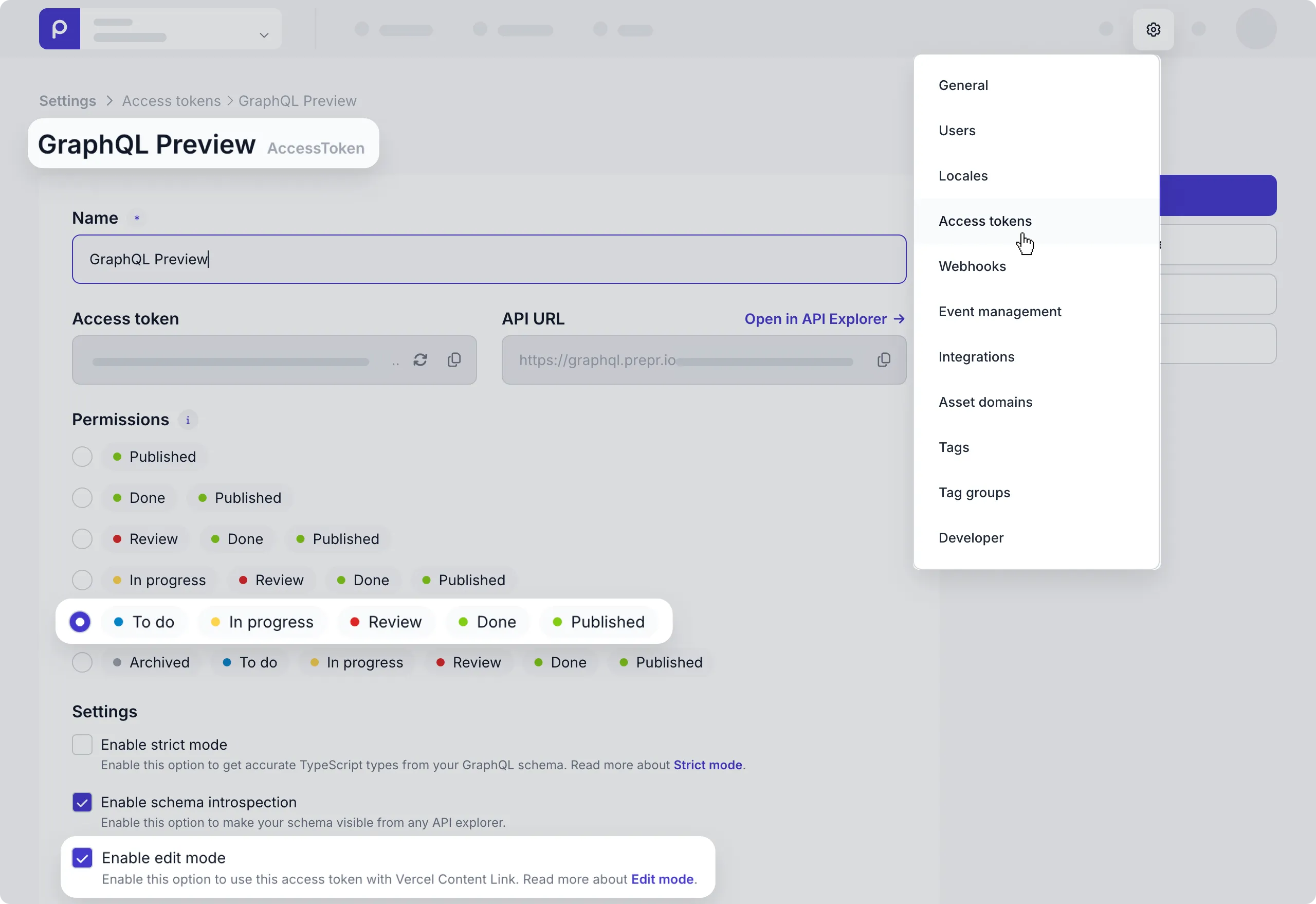 Preview access token - enable edit mode