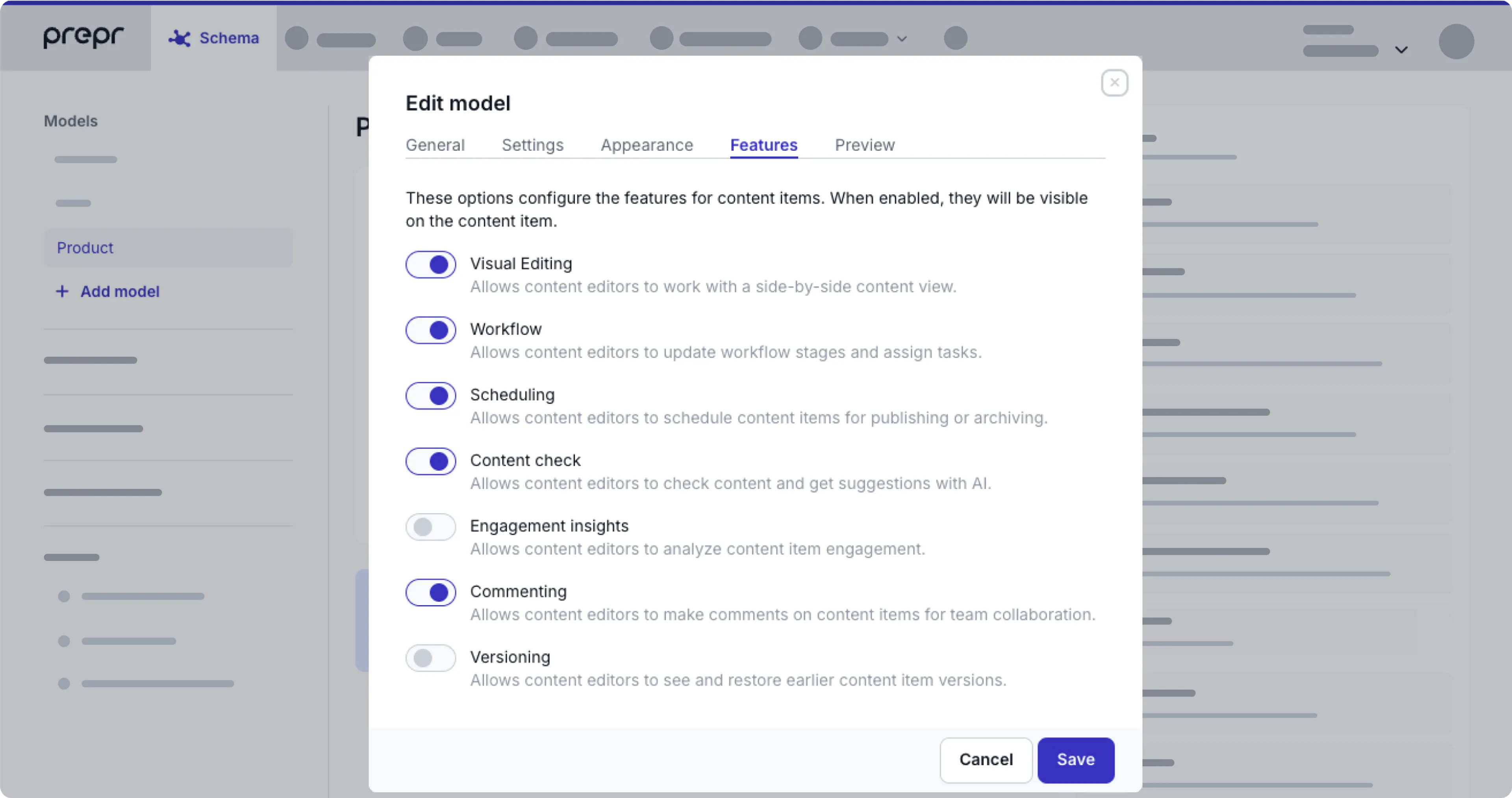Model feature settings