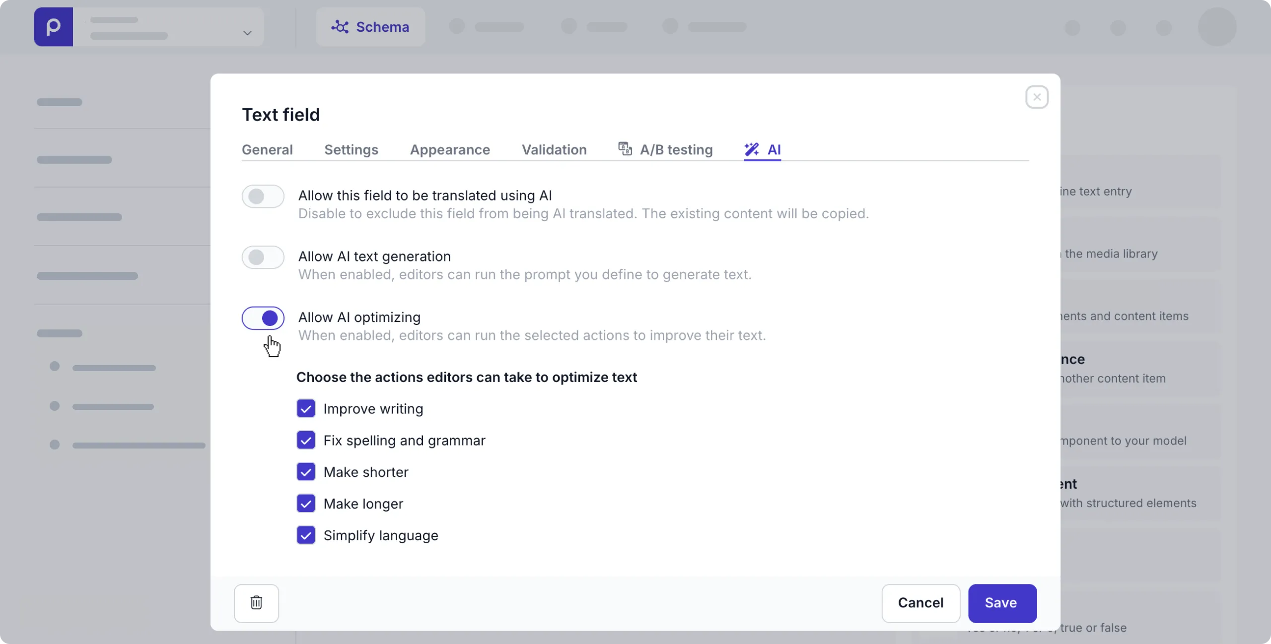 Enable AI text optimizing settings