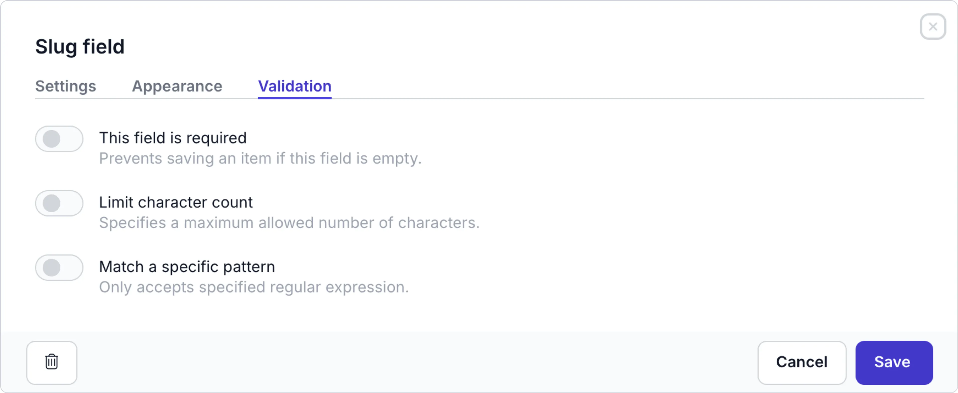 Slug field validation settings