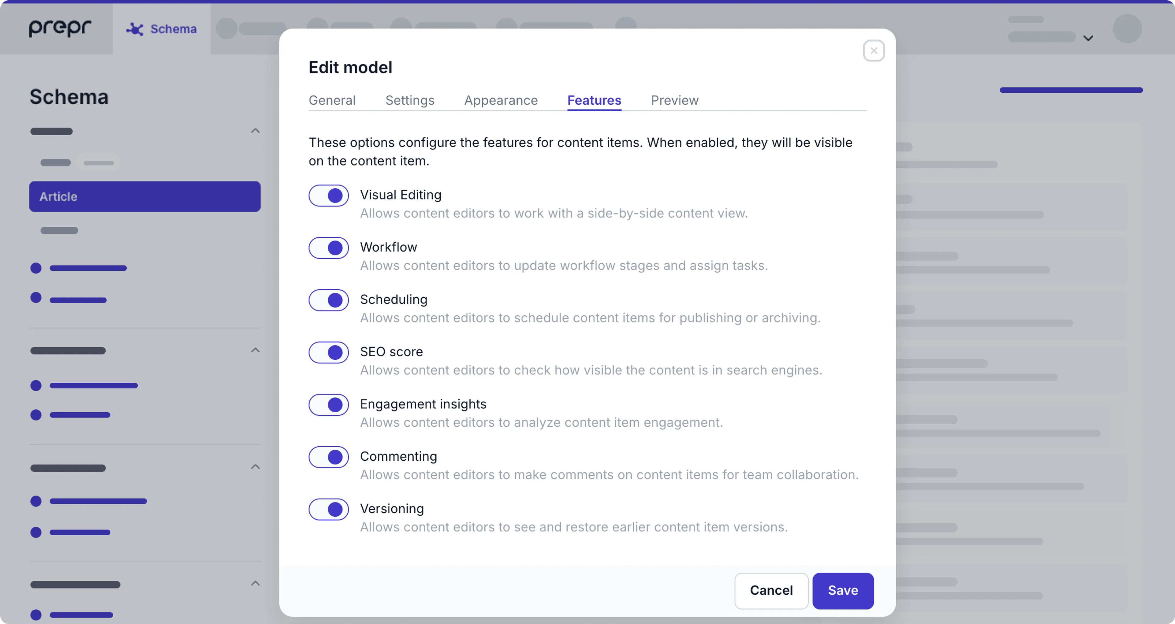 Model feature settings