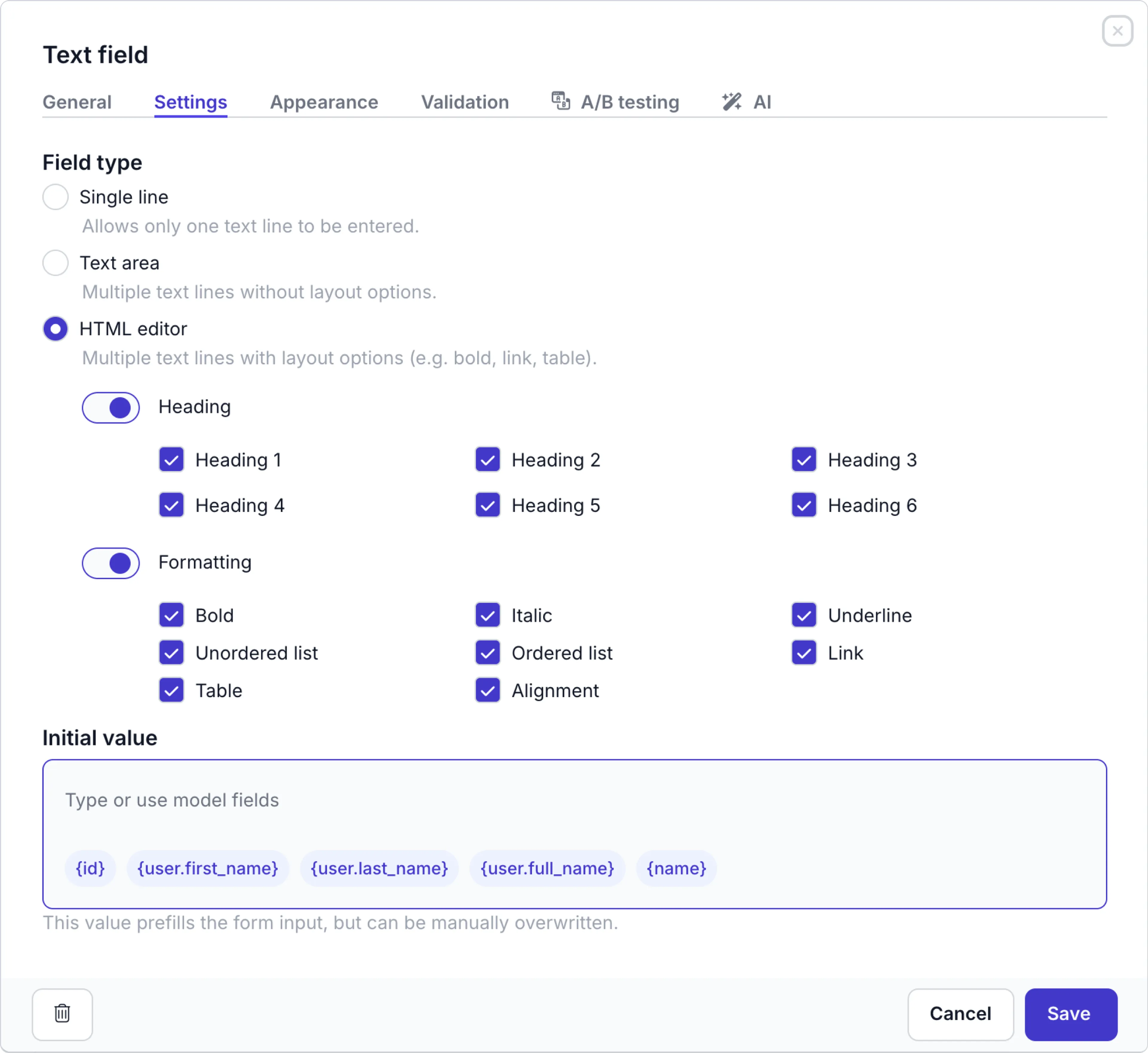 HTML Text field display options