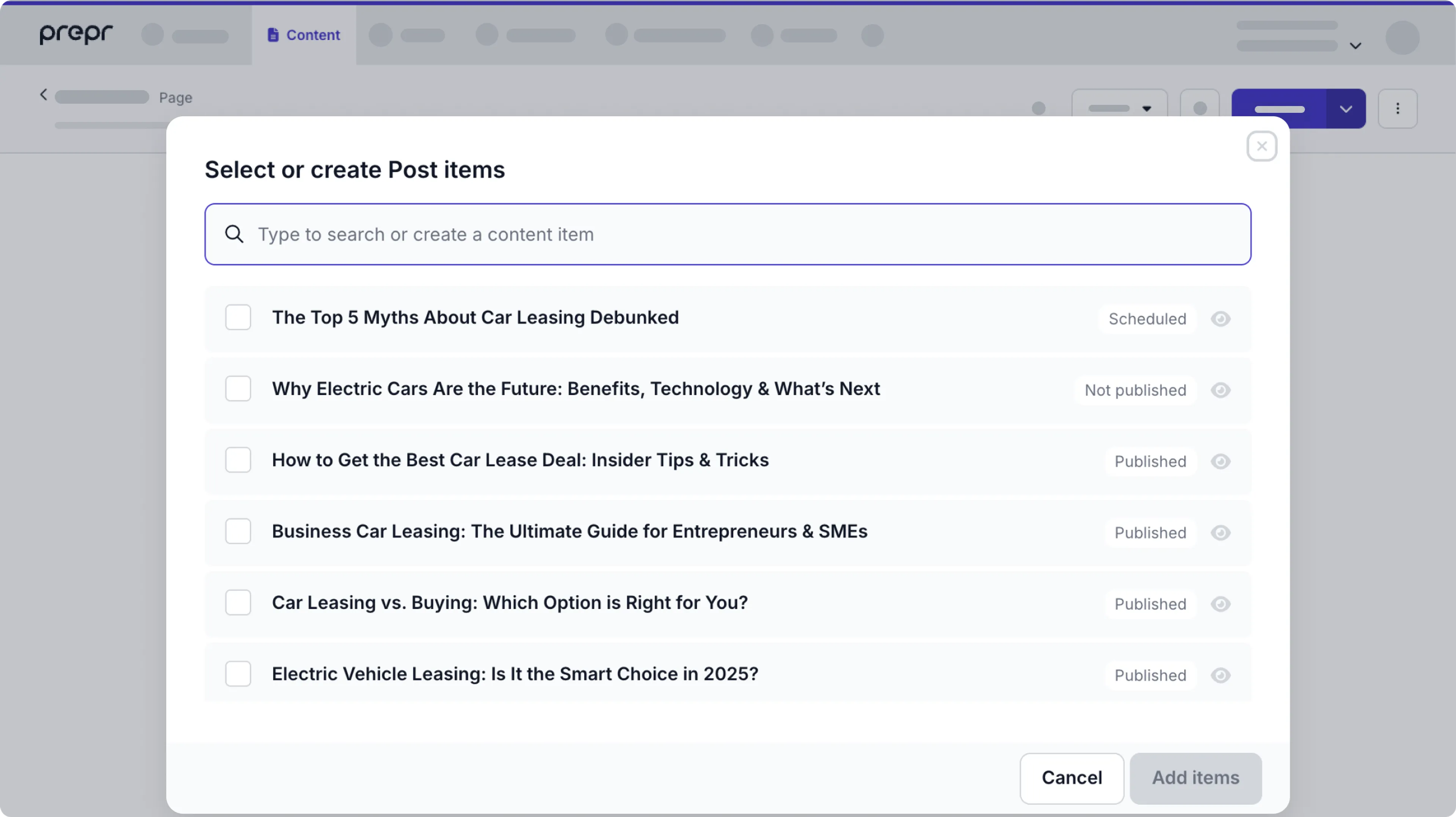 content item search dialog