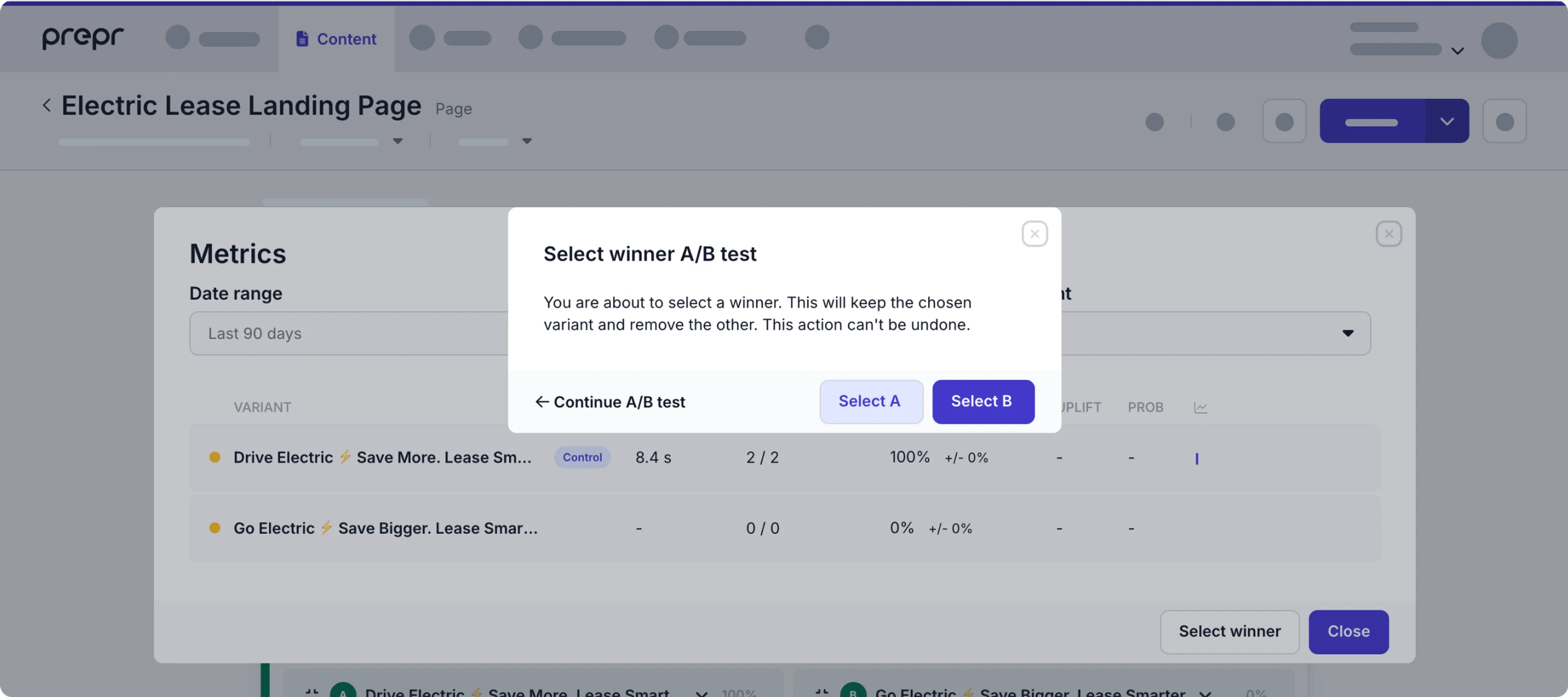 A/B testing select a winner