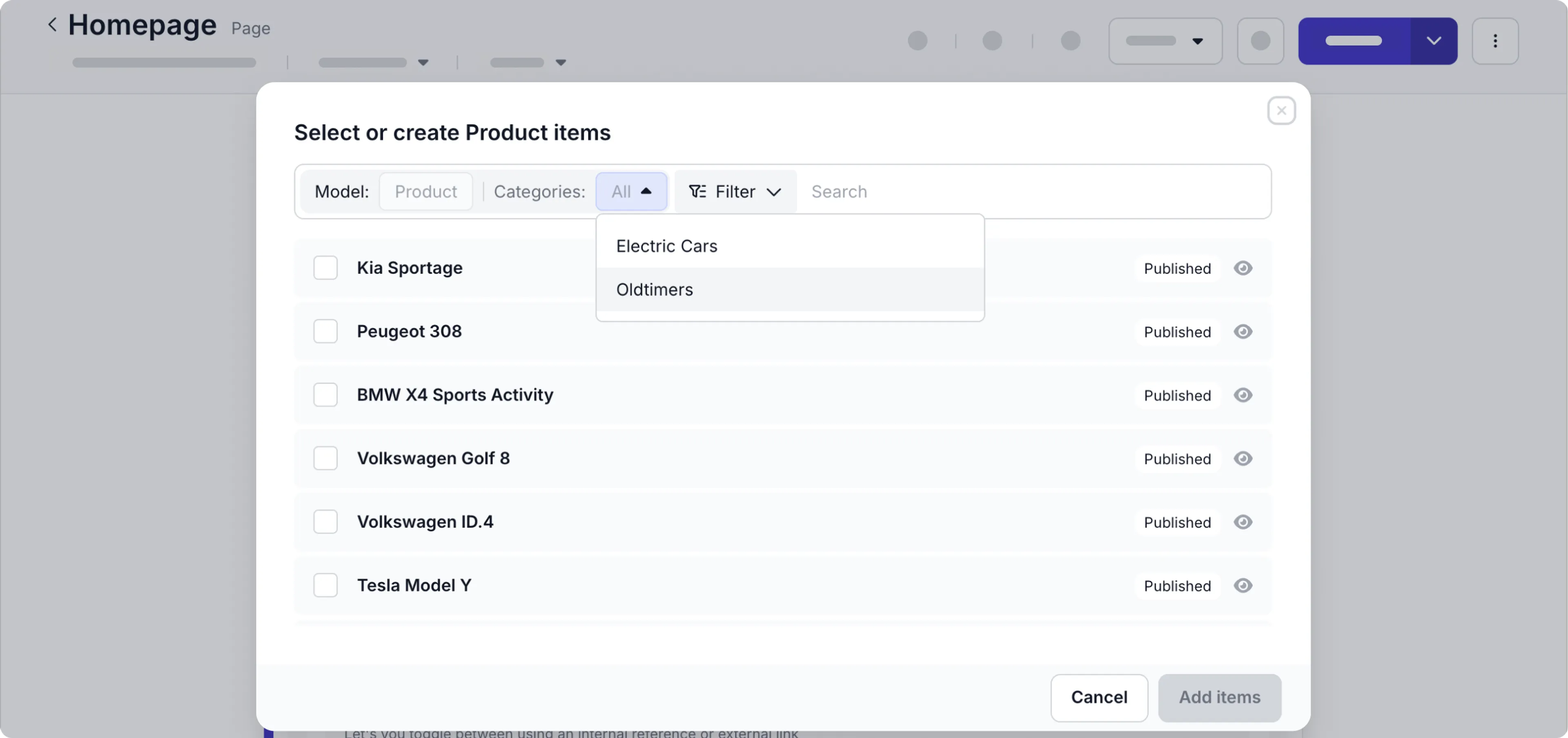 Content item modal example with filter options